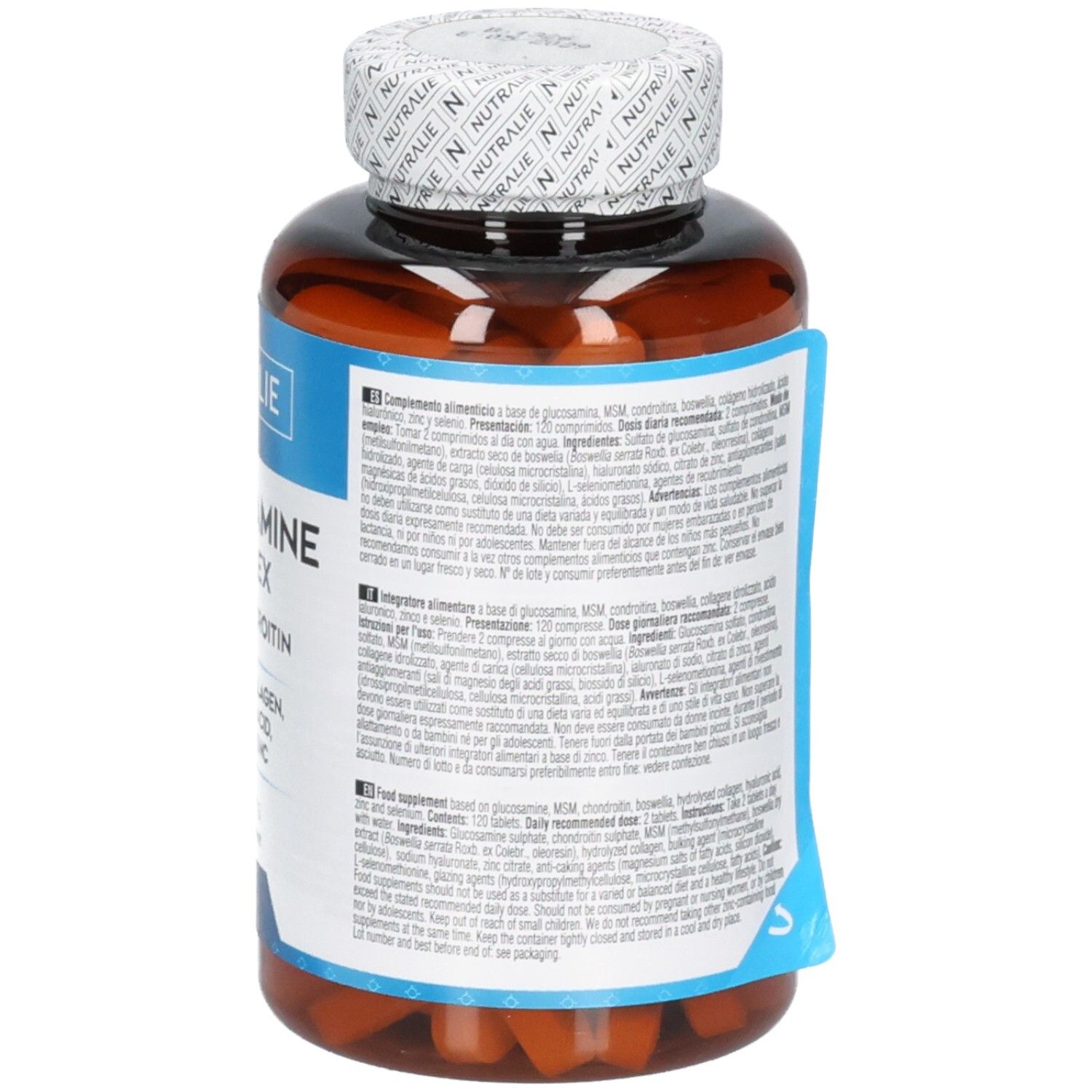 Nutralie Glucosamine Complex: Retro della bottiglia con informazioni dettagliate su ingredienti e uso. 120 compresse.