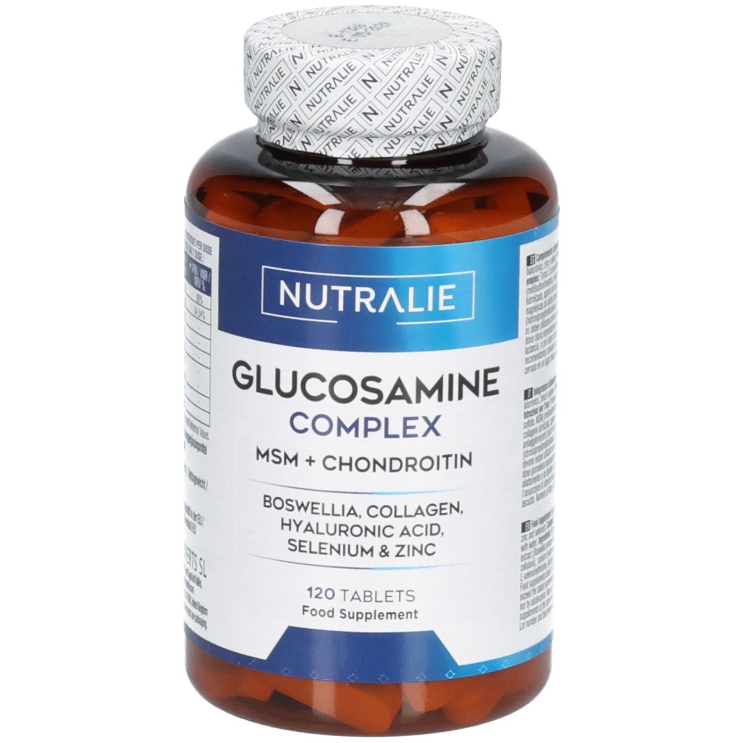 Nutralie Glucosamine Complex: Fronte del flacone con nome del prodotto e ingredienti. 120 compresse.