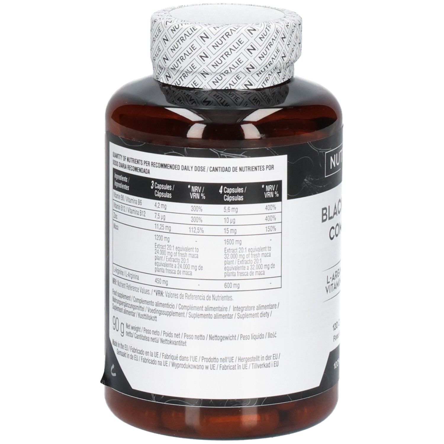 Nutralie Black Maca Complex: Retro del barattolo con informazioni nutrizionali e ingredienti.