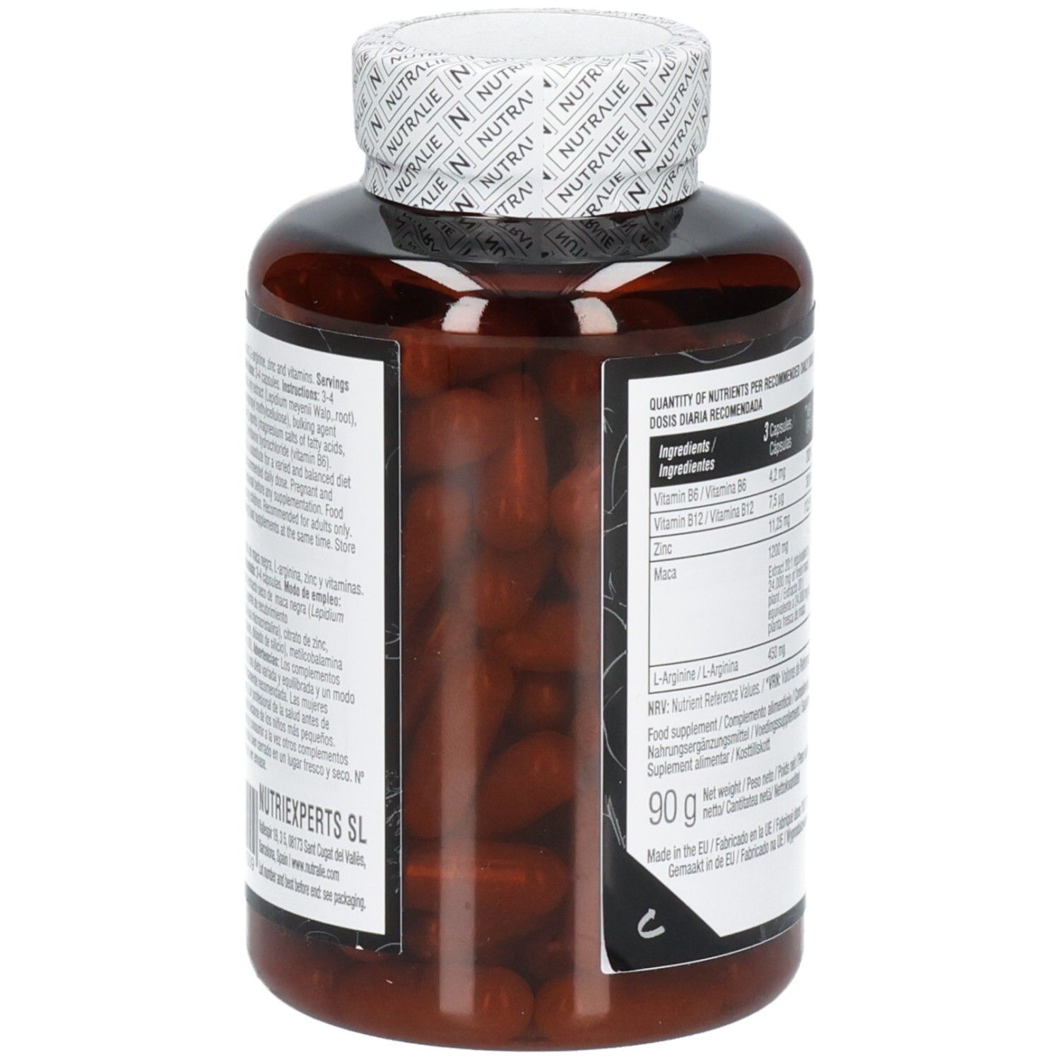 Nutralie Black Maca Complex: Vista laterale del barattolo, riempito di capsule.