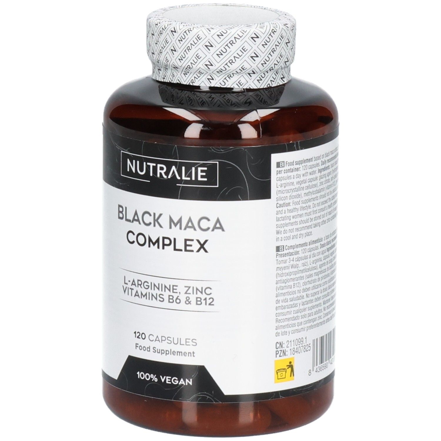 Nutralie Black Maca Complex: Barattolo da 120 capsule, vegano. Contiene L-Arginina, Zinco, Vitamine B6 e B12.