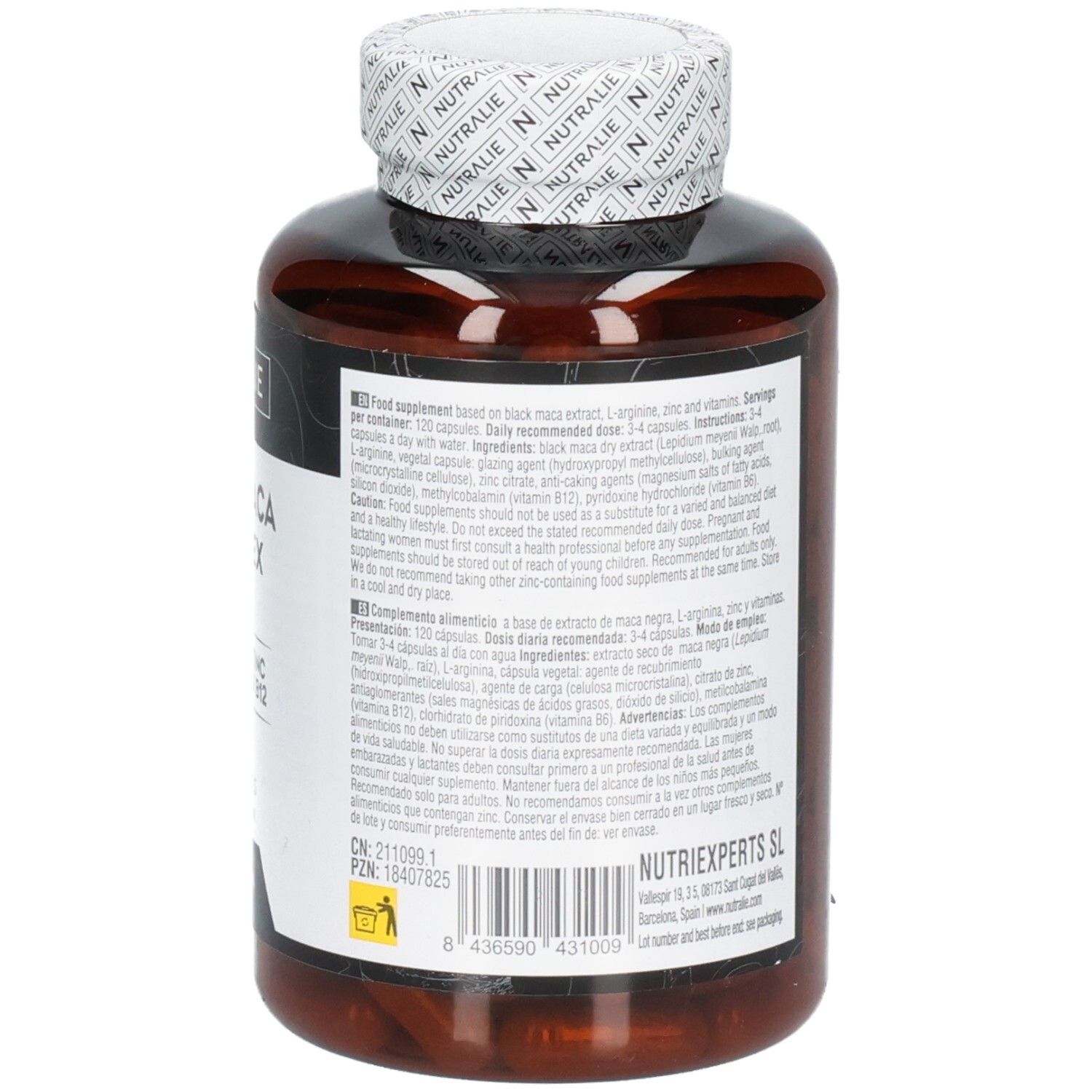 Nutralie Black Maca Complex: Fronte del barattolo con informazioni sul prodotto e sigillo vegano.