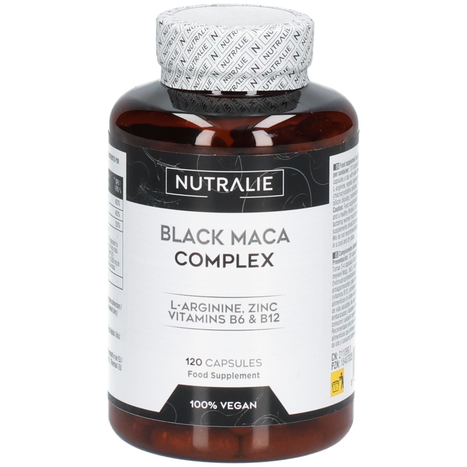 Nutralie Black Maca Complex: Barattolo da 120 capsule, vegano. Contiene L-Arginina, Zinco, Vitamine B6 e B12.