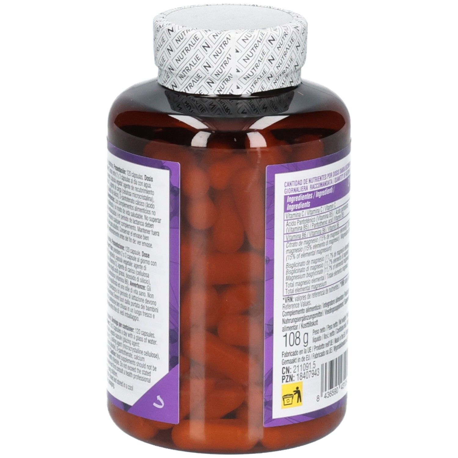 Vista laterale del flacone Nutralie Complesso Magnesio Capsule con informazioni nutrizionali.