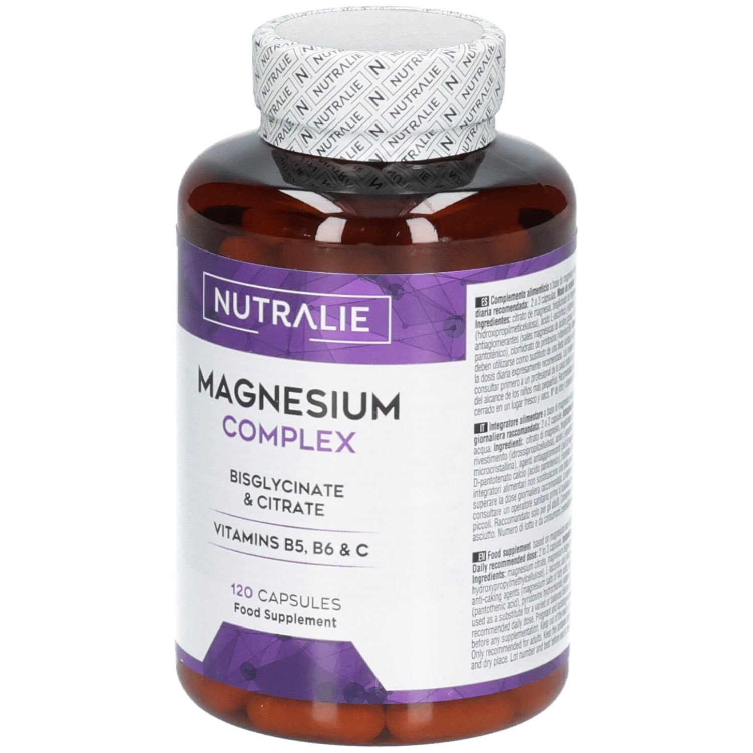 Nutralie Complesso Magnesio Capsule: Flacone marrone da 120 capsule. Contiene bisglicinato & citrato di magnesio, vitamine B5, B6 e C.