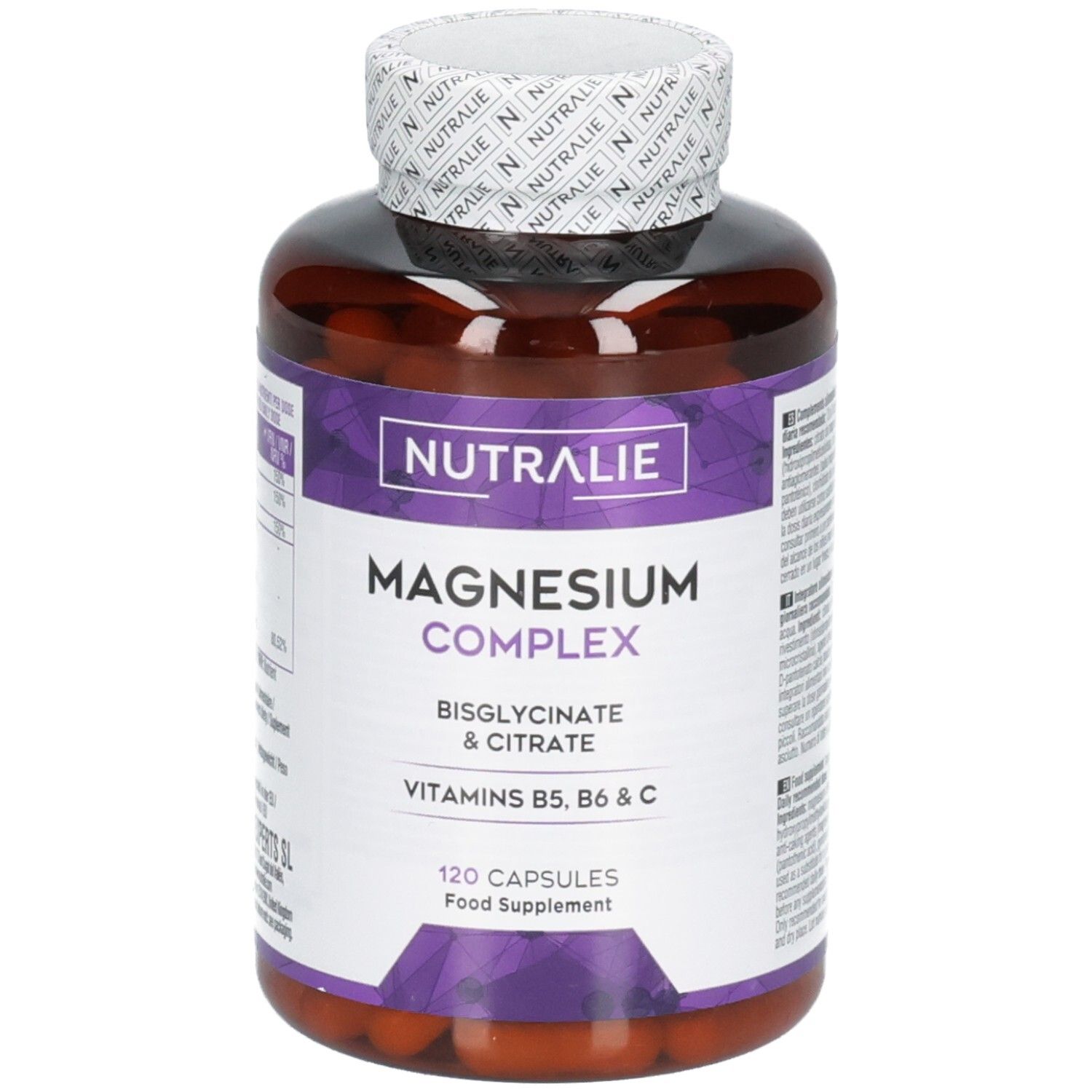 Nutralie Complesso Magnesio Capsule: Flacone marrone da 120 capsule. Contiene bisglicinato & citrato di magnesio, vitamine B5, B6 e C.