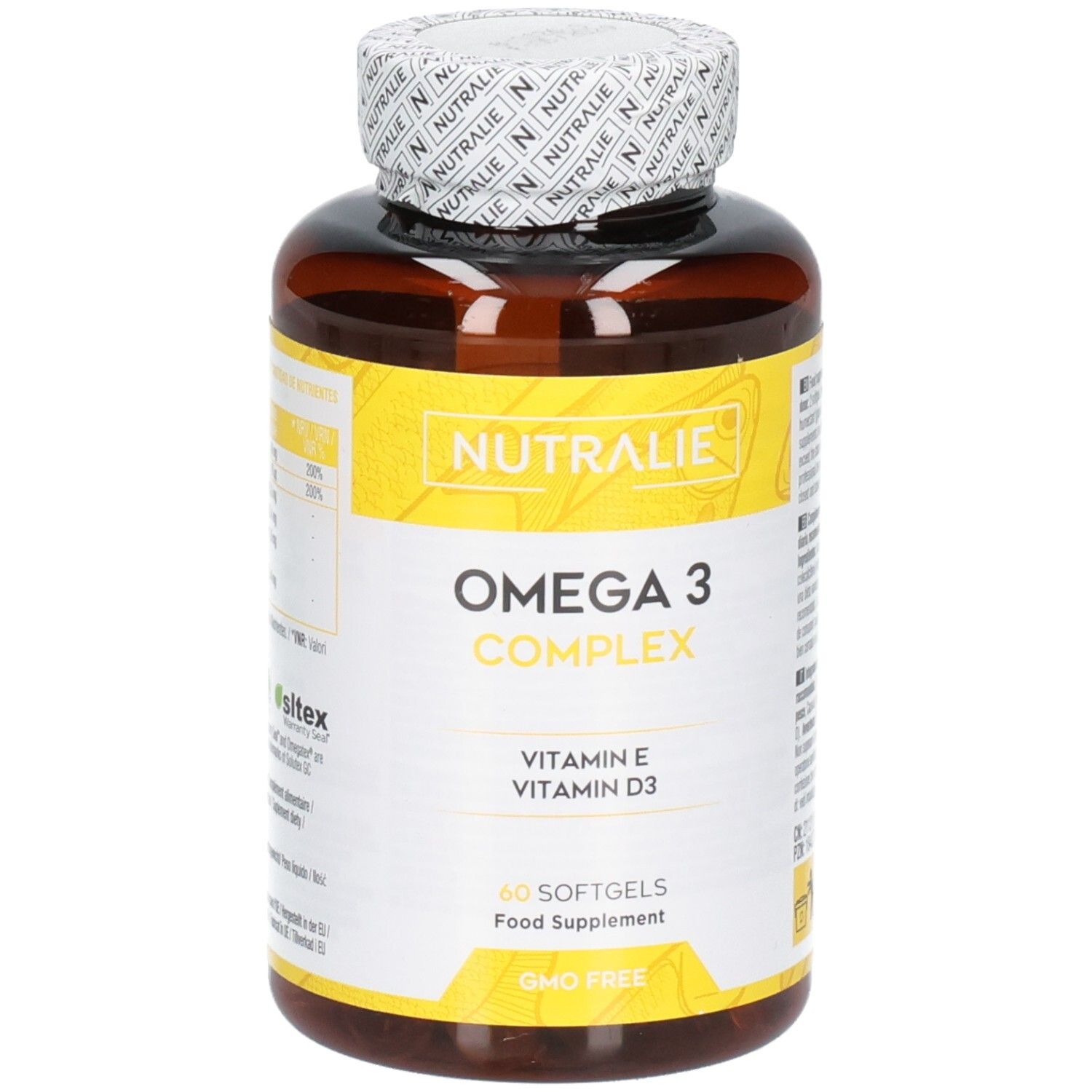 Flacone ambrato di Nutralie Omega 3 Complex, 60 softgels.