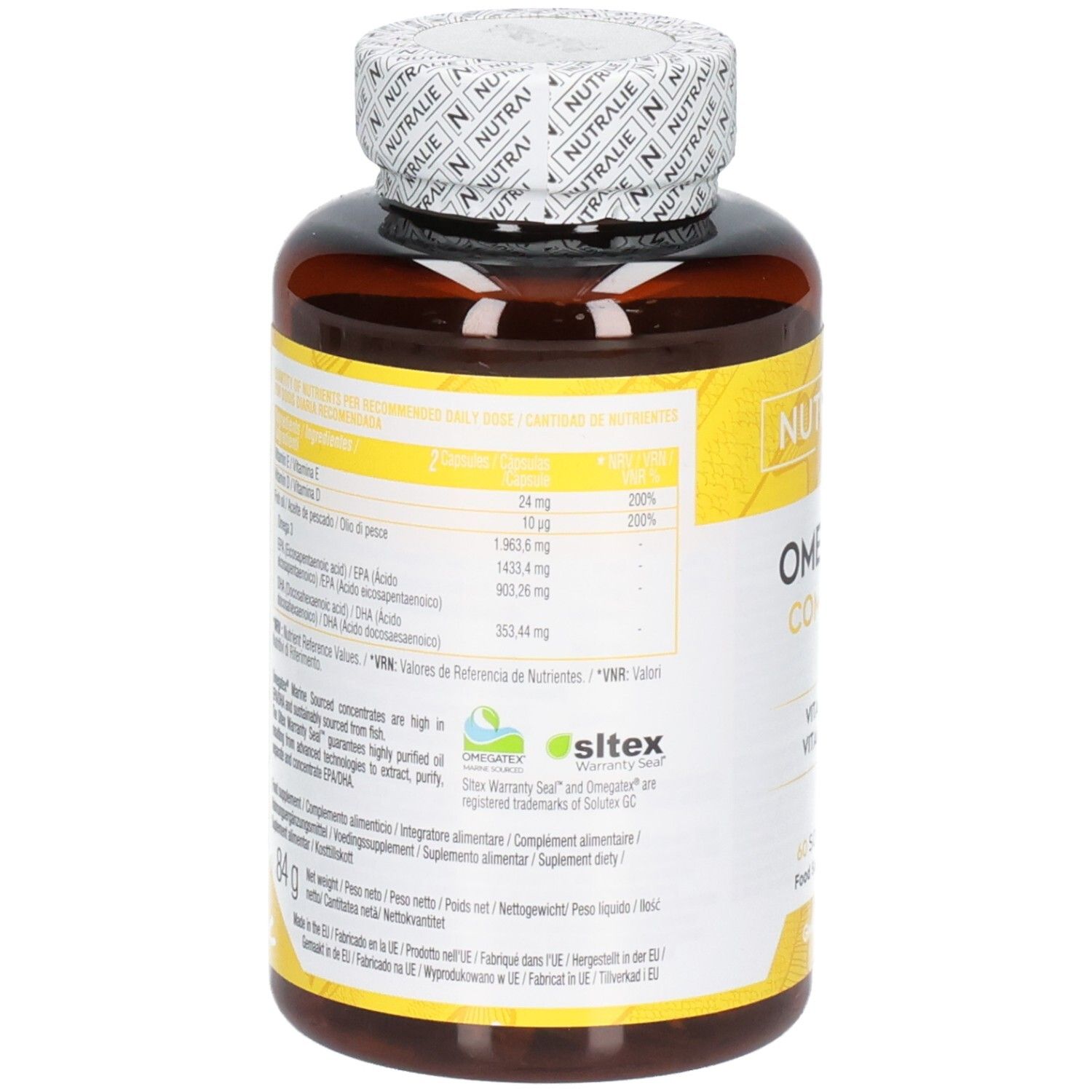 Retro di una bottiglia Nutralie Omega 3 Complex con informazioni nutrizionali e certificazioni.