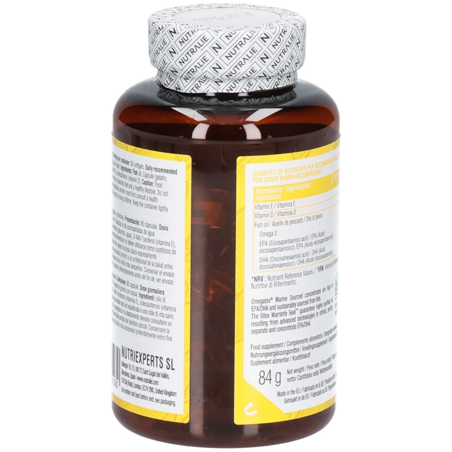 Vista laterale di una bottiglia Nutralie Omega 3 Complex con informazioni dettagliate sul prodotto.