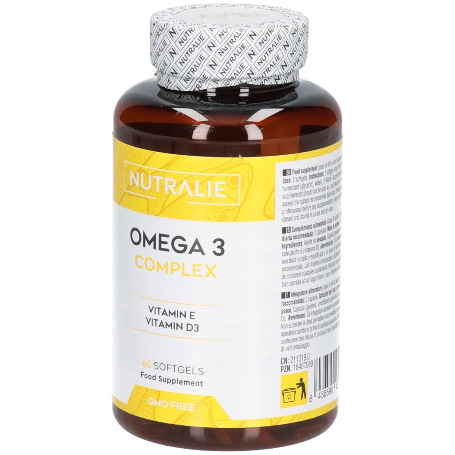 Fronte di una bottiglia Nutralie Omega 3 Complex, 60 softgels, senza OGM.