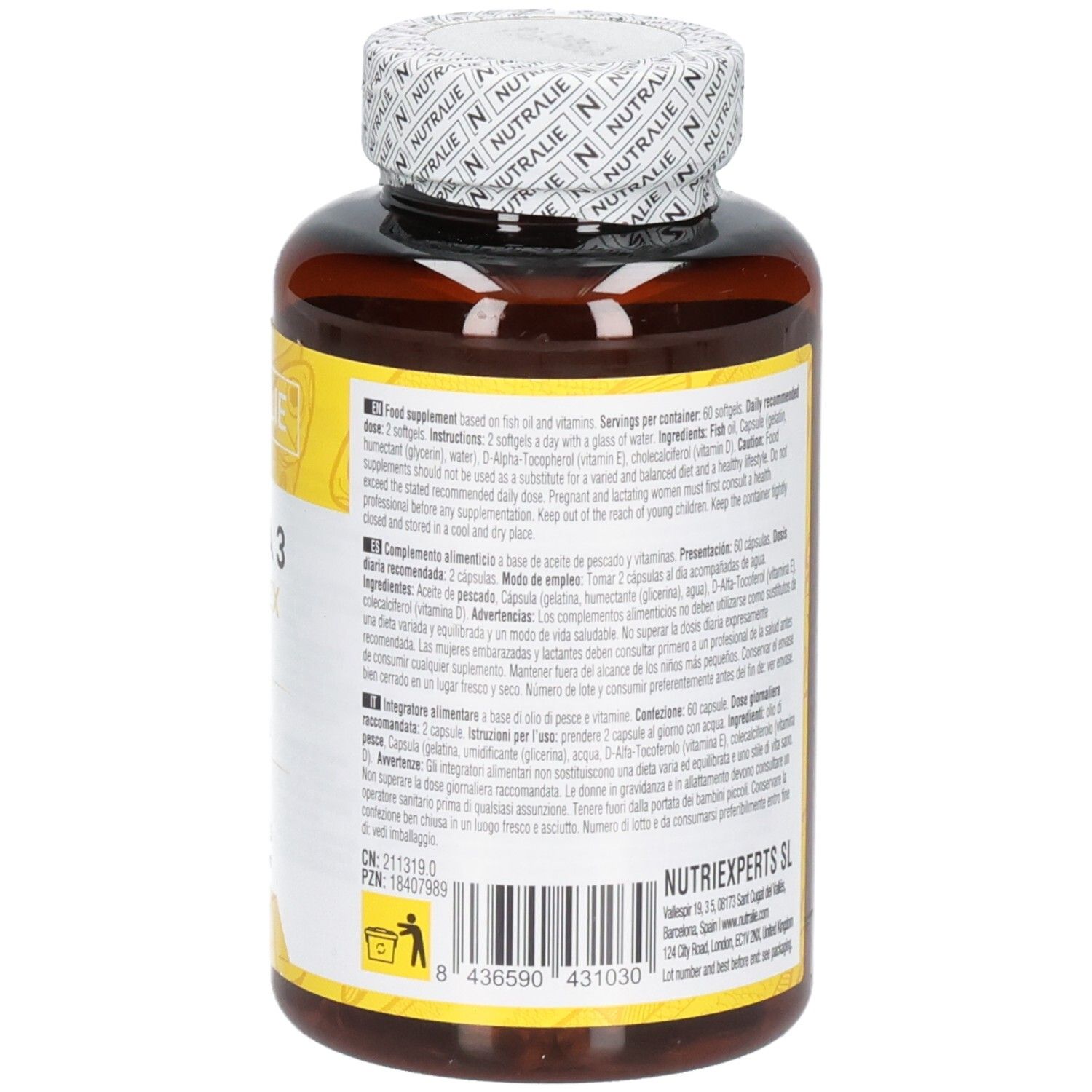 Retro di una bottiglia Nutralie Omega 3 Complex con istruzioni per l'uso e codice a barre.