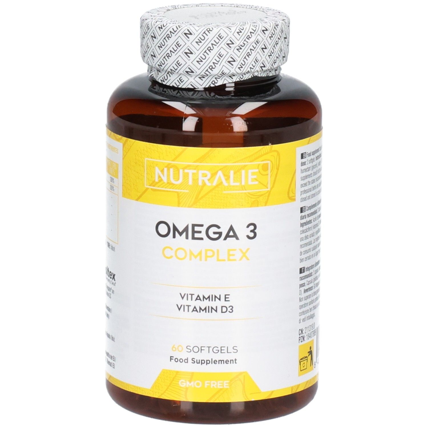 Vista frontale di una bottiglia Nutralie Omega 3 Complex da 60 softgels.