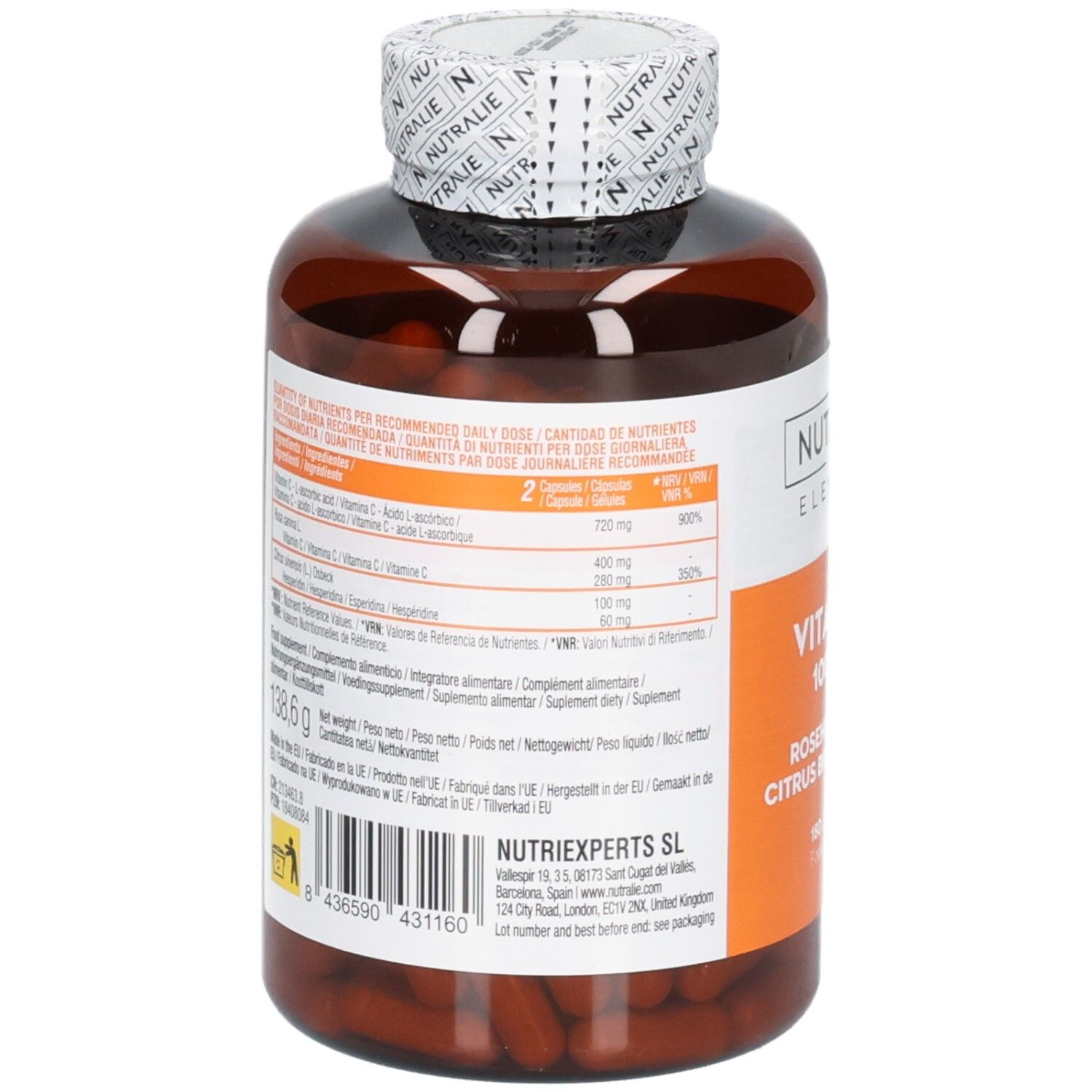 Retro di un flacone Nutralie Vitamina C 1000 mg con informazioni nutrizionali e ingredienti.