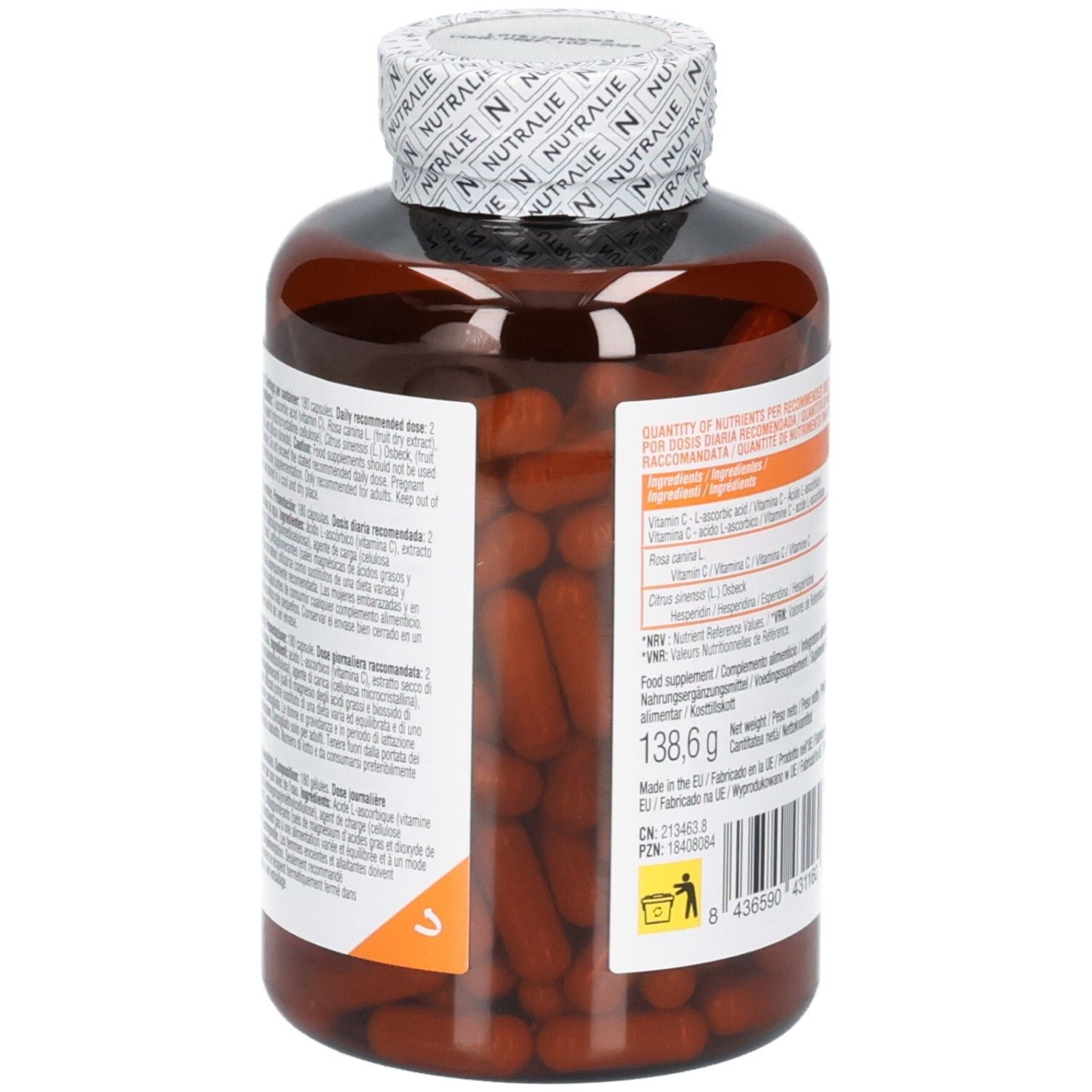Vista laterale di un flacone Nutralie Vitamina C 1000 mg con informazioni dettagliate sull'etichetta.