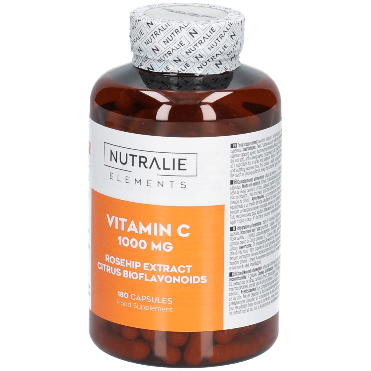 Flacone Nutralie Vitamina C 1000 mg da 180 capsule, estratto di rosa canina e bioflavonoidi agrumi.