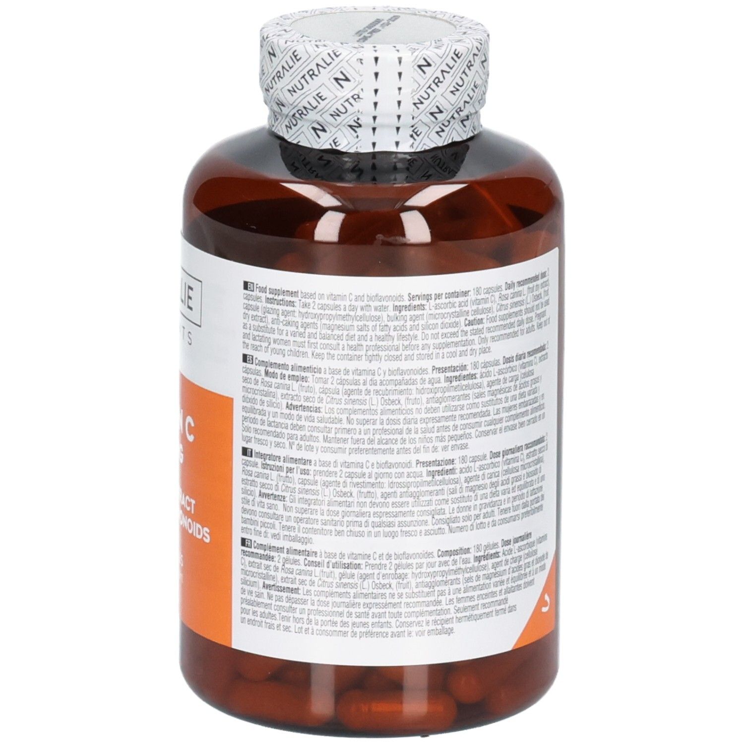 Retro di un flacone Nutralie Vitamina C 1000 mg con informazioni dettagliate in più lingue.