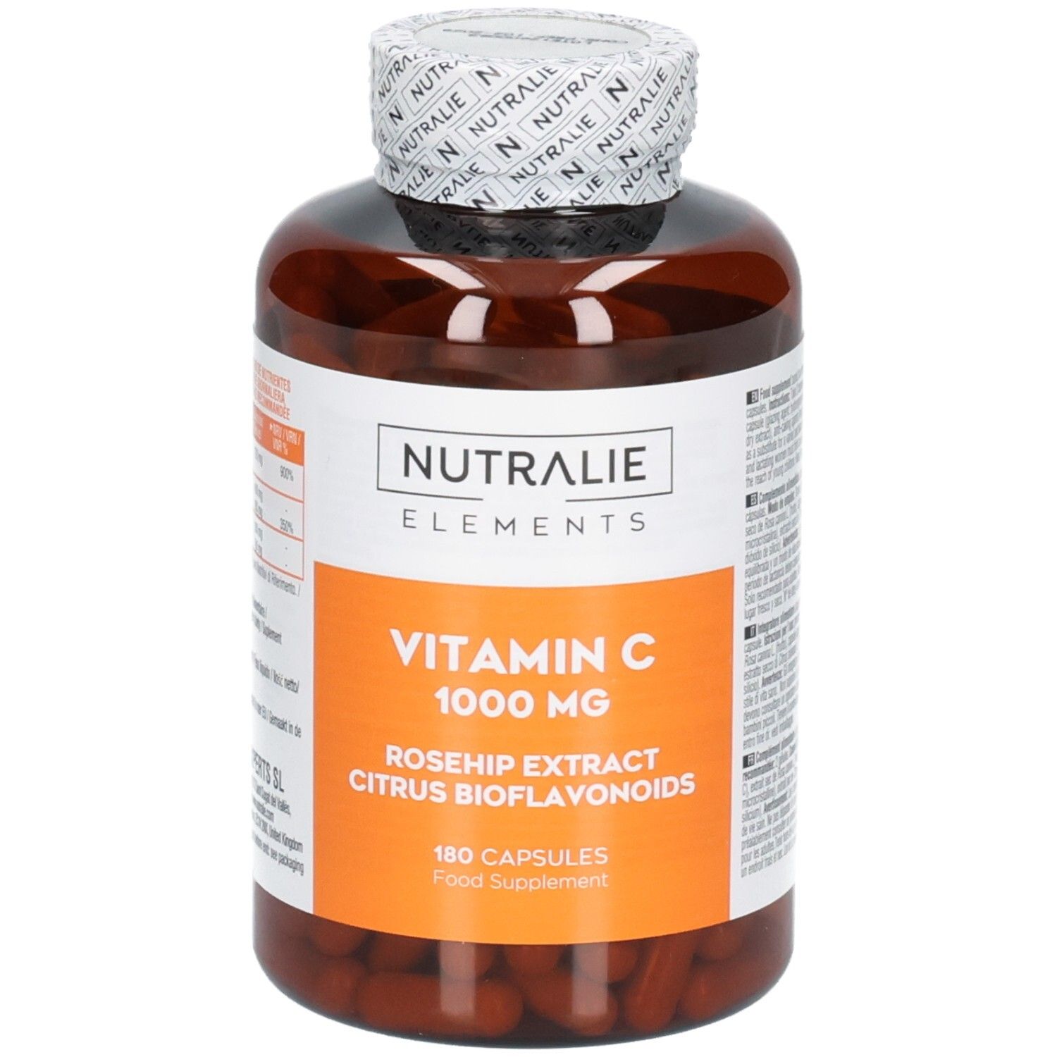 Flacone Nutralie Vitamina C 1000 mg da 180 capsule, estratto di rosa canina e bioflavonoidi agrumi.