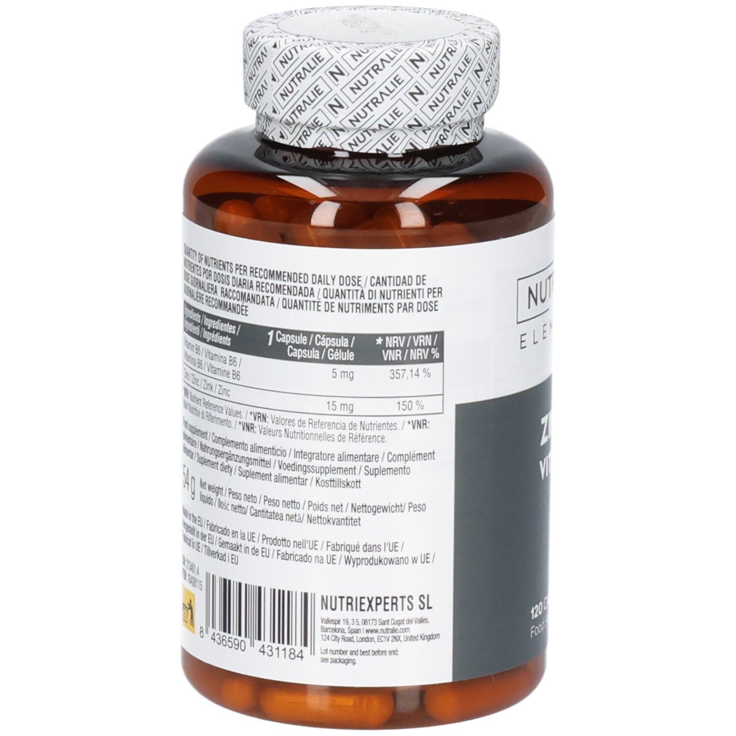 Retro di un barattolo Nutralie Zinco Vit. B6 con informazioni nutrizionali.