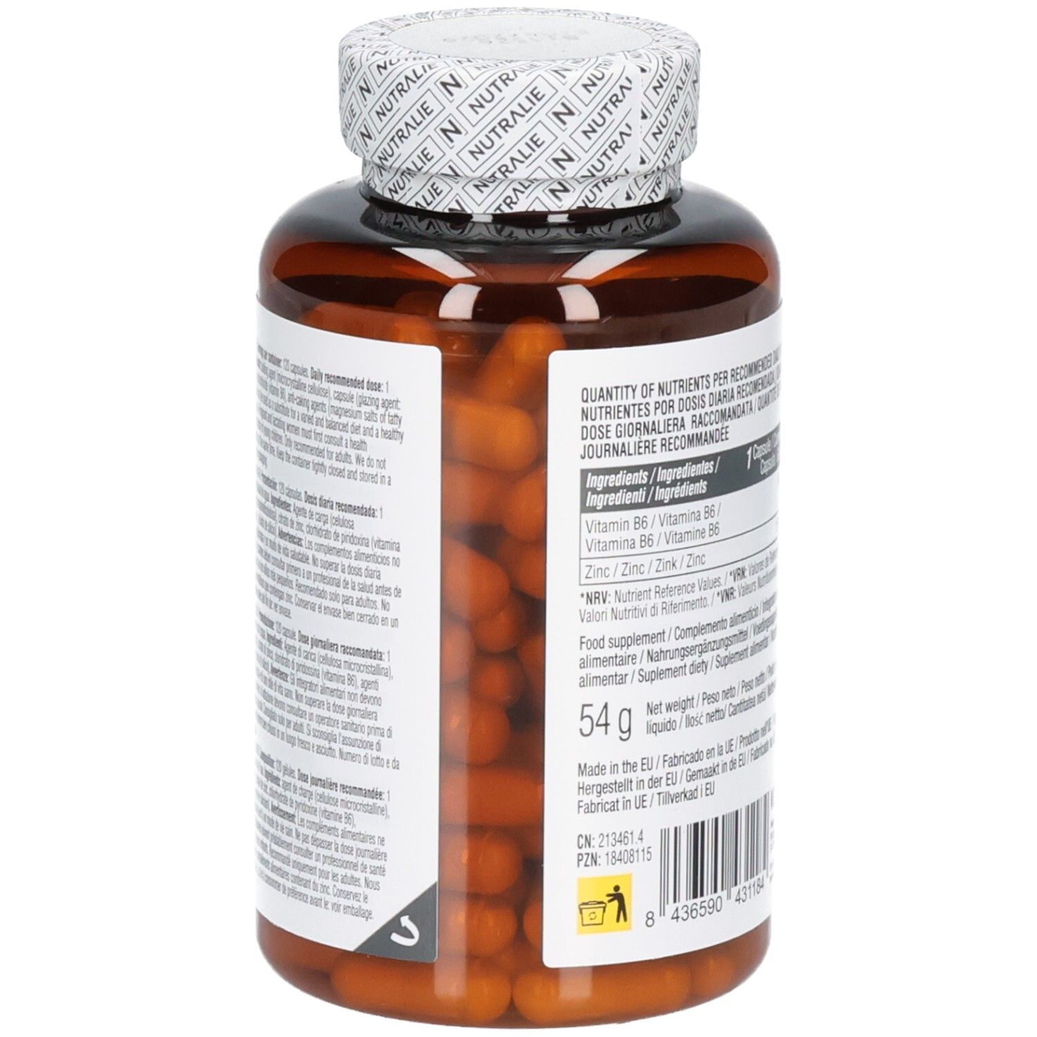 Vista laterale di un barattolo Nutralie Zinco Vit. B6 con indicazione del peso.