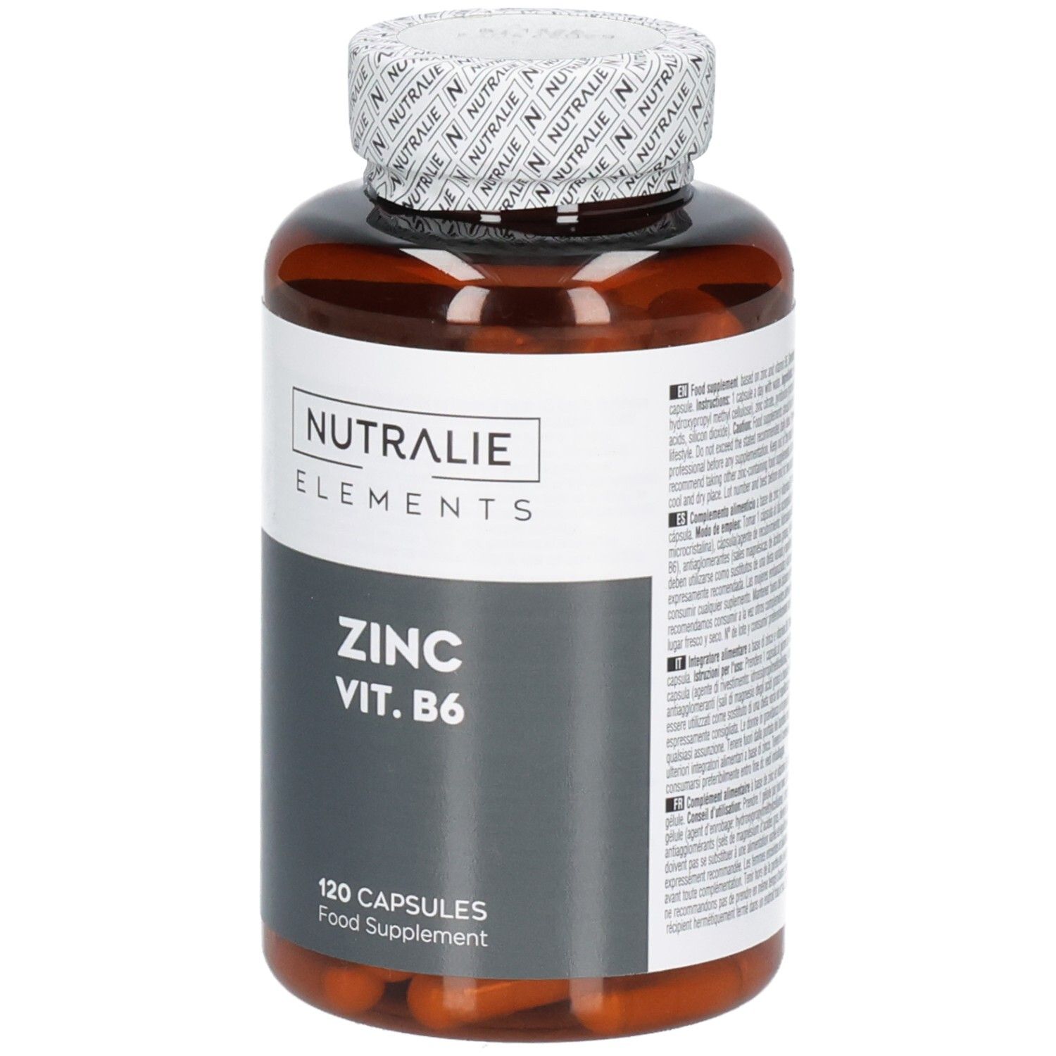 Barattolo marrone Nutralie Zinco Vit. B6, 120 capsule, vista frontale.