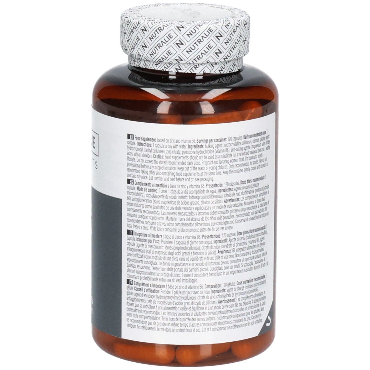 Retro del barattolo Nutralie Zinco Vit. B6 con informazioni dettagliate.