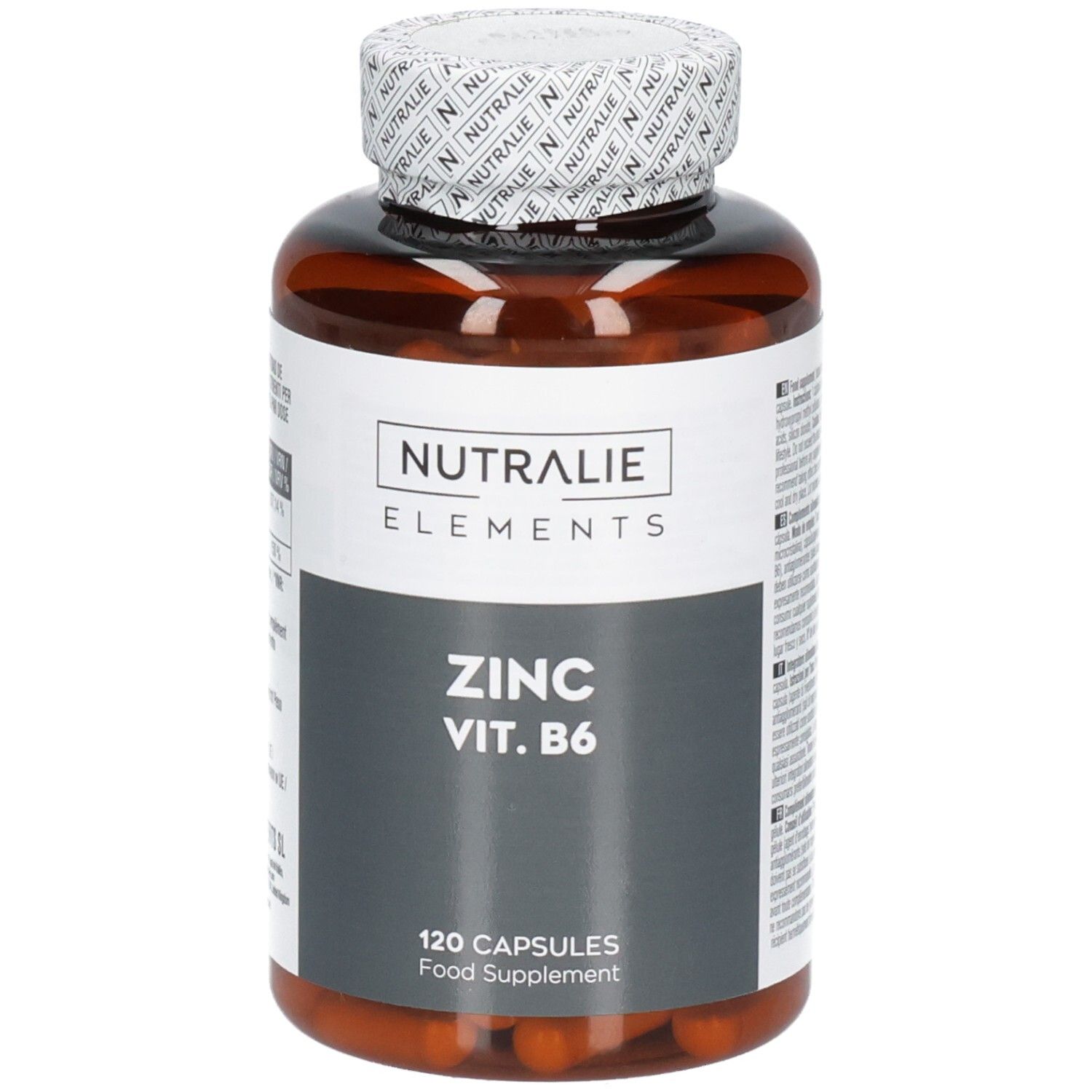 Barattolo Nutralie Zinco Vit. B6, 120 capsule, leggermente inclinato frontalmente.