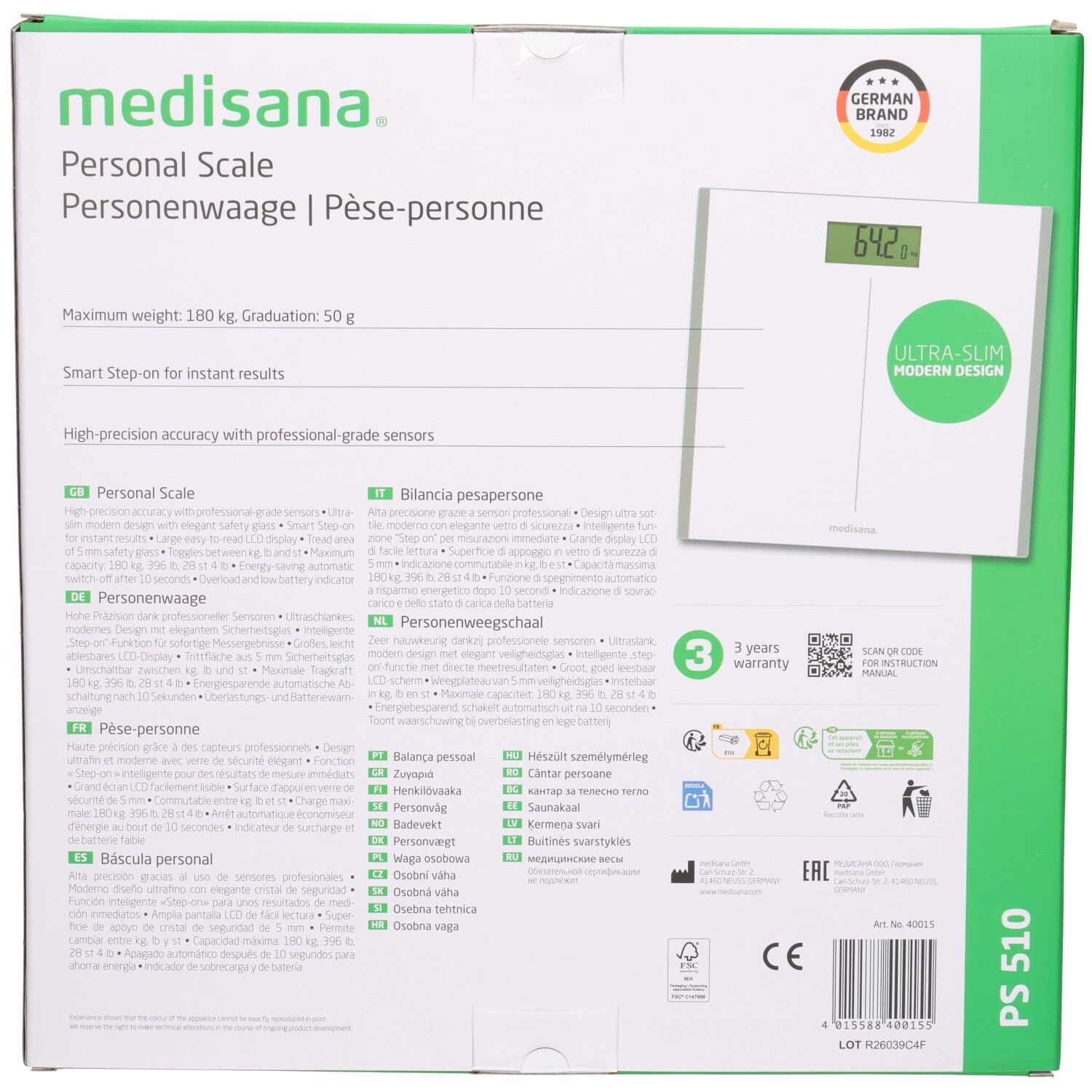 Retro di una confezione di bilancia personale con dettagli tecnici, informazioni sulla garanzia e certificazioni.