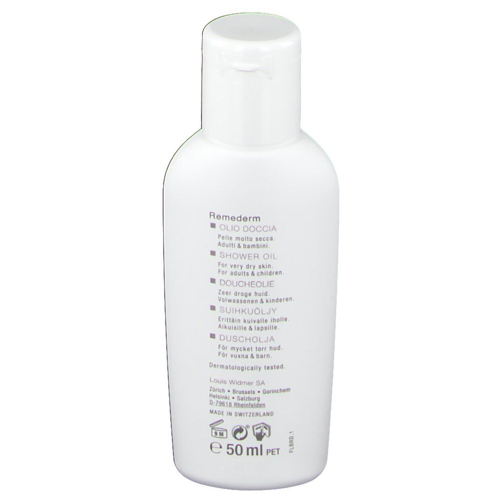 Retro del flacone bianco. Scritta: Louis Widmer Remederm, ingredienti, 50 ml.