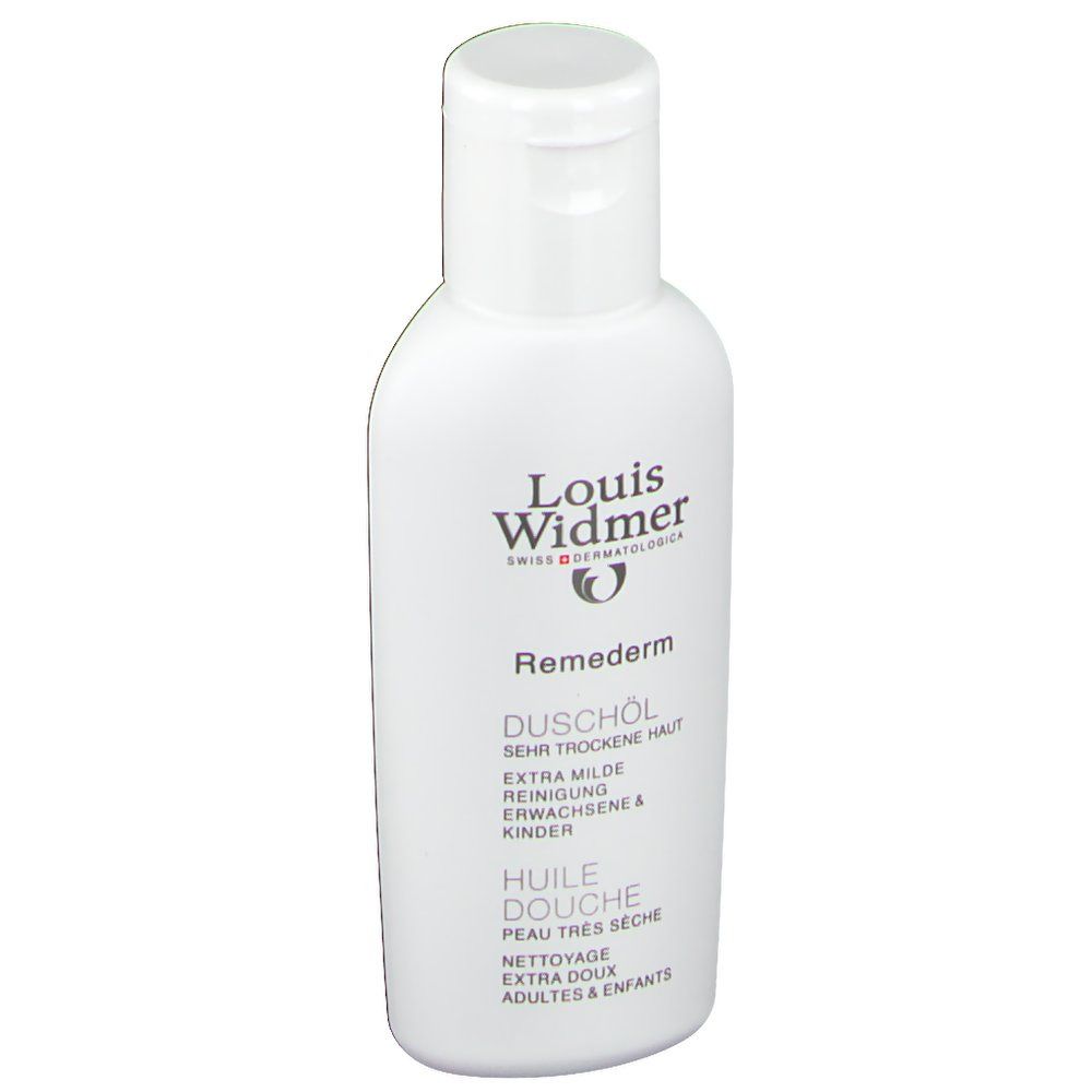 Flacone bianco con tappo a ribalta. Scritta: Louis Widmer Remederm Olio Doccia.