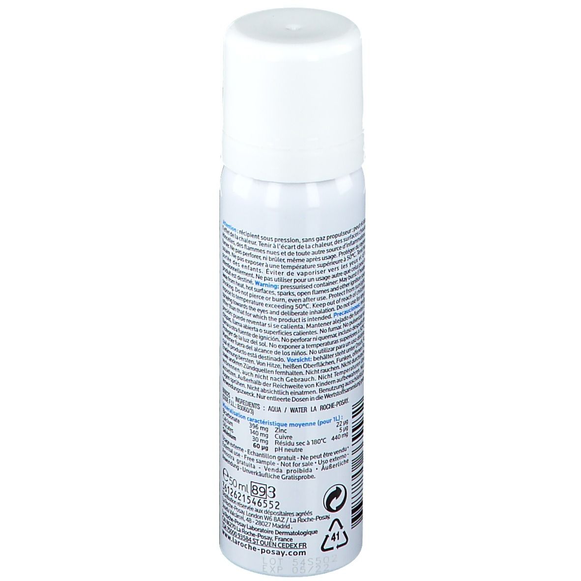 Spray bianco, retro con testo e informazioni. 50 ml. Simbolo di riciclaggio. Testo: La Roche-Posay.