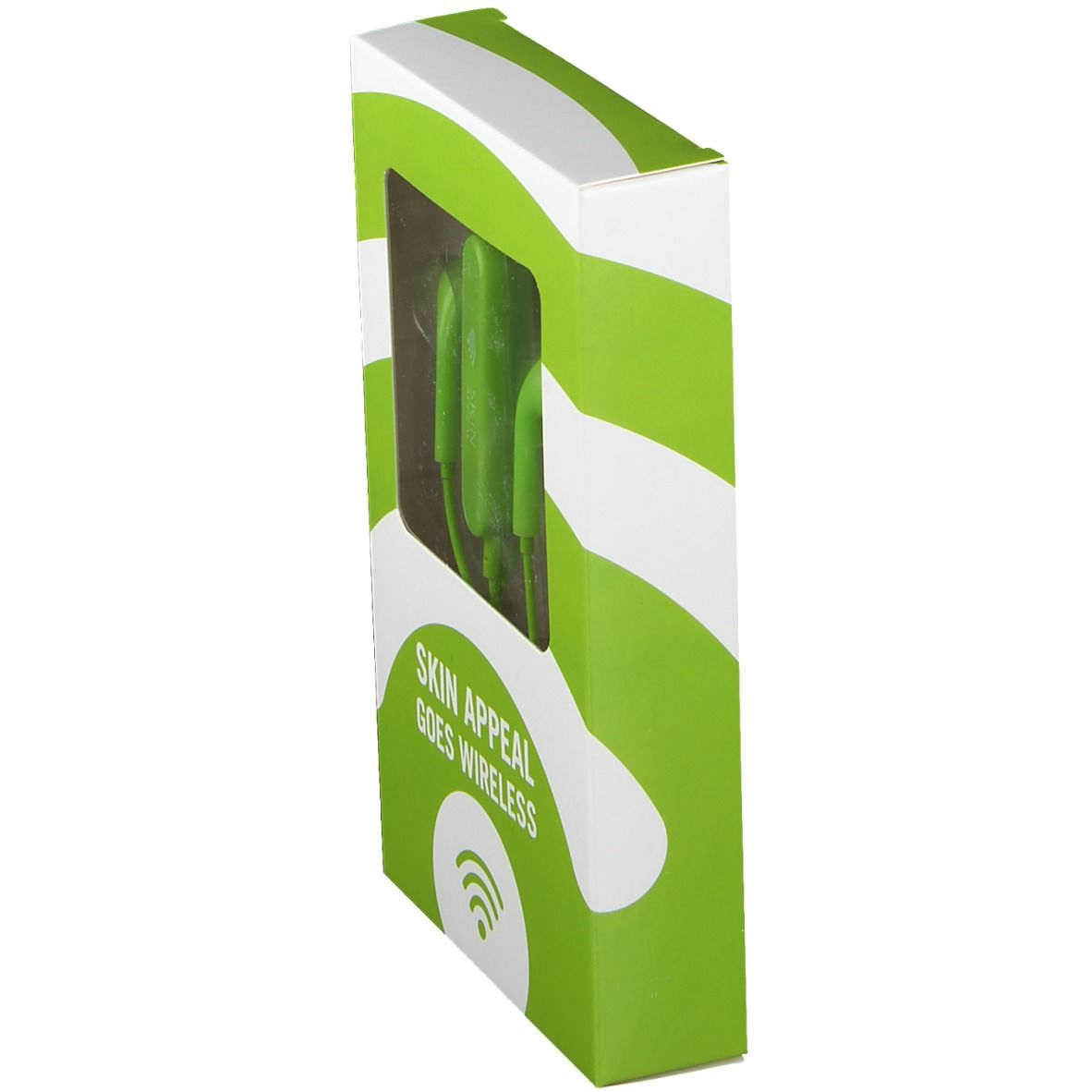 Confezione con auricolari verdi in-ear. Scritta: SKIN APPEAL GOES WIRELESS. Finestra.