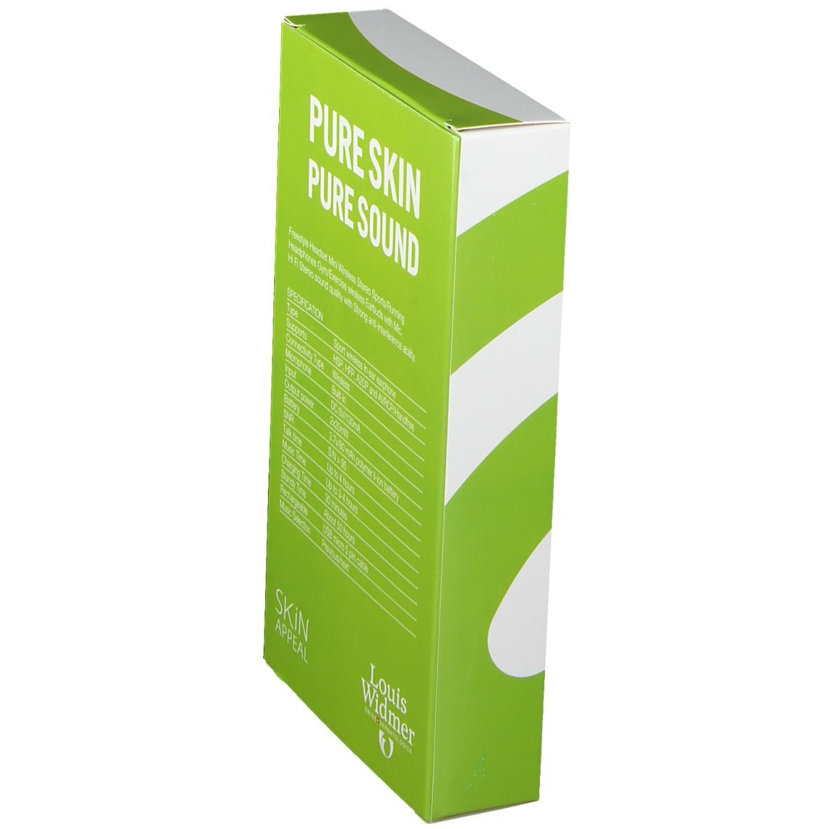 Confezione con testo: PURE SKIN PURE SOUND. Logo: Louis Widmer. Strisce verdi e bianche.