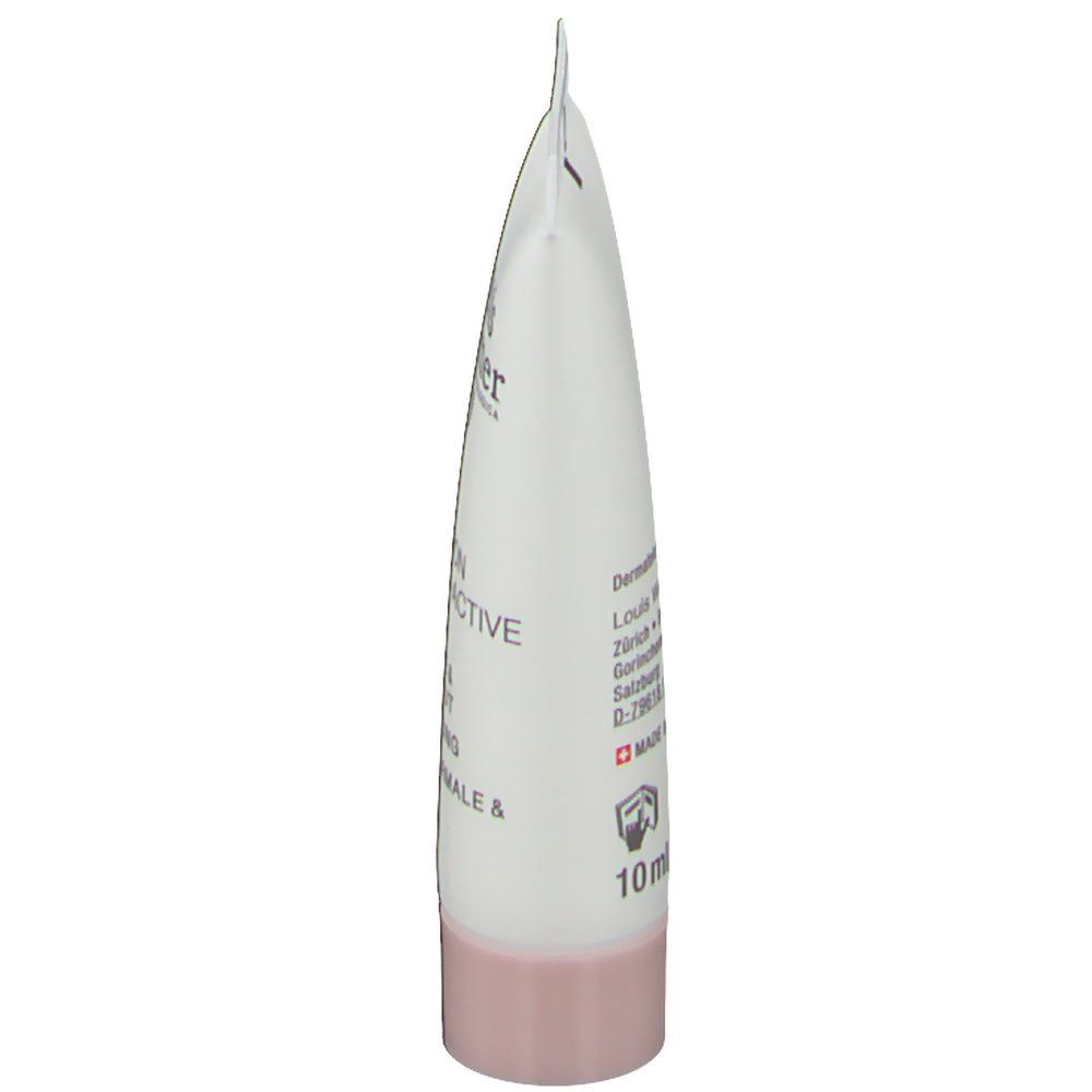 Vista laterale del tubo Louis Widmer Emulsione Hydro-Active UV30. Bianco, tappo rosa. Testo stampato.
