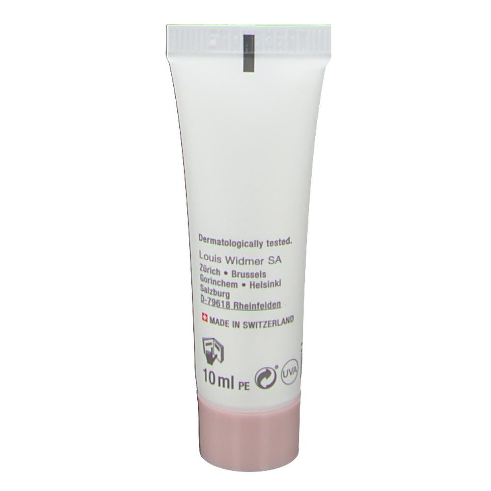 Retro del tubo Louis Widmer Emulsione Hydro-Active UV30. Bianco, tappo rosa. Testo e loghi.