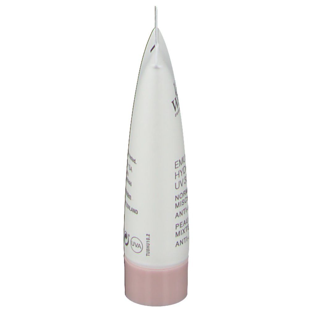 Vista laterale del tubo Louis Widmer Emulsione Hydro-Active UV30. Bianco, tappo rosa. Testo stampato.