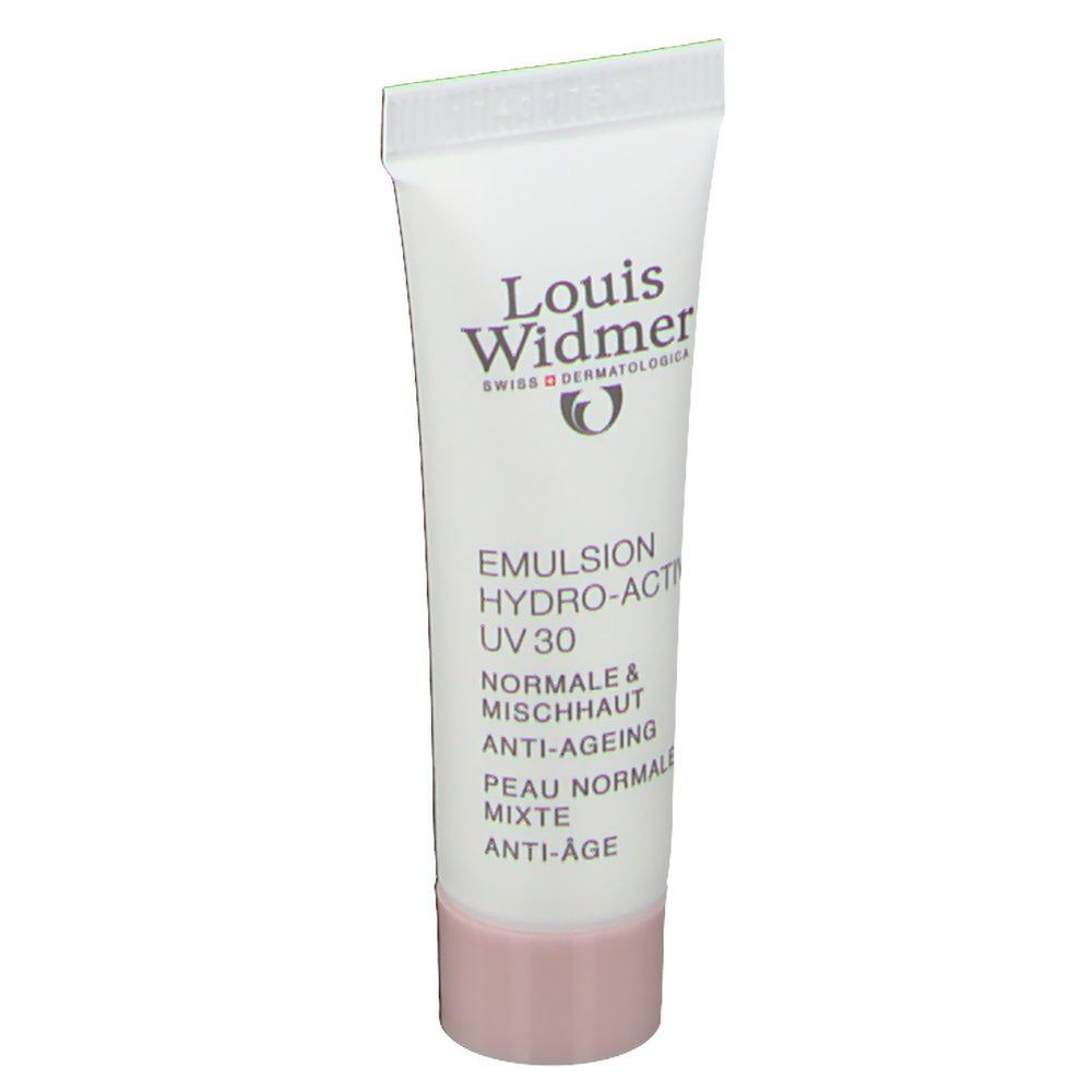 Tubo Louis Widmer Emulsione Hydro-Active UV30. Bianco, tappo rosa. Informazioni sul prodotto e logo.