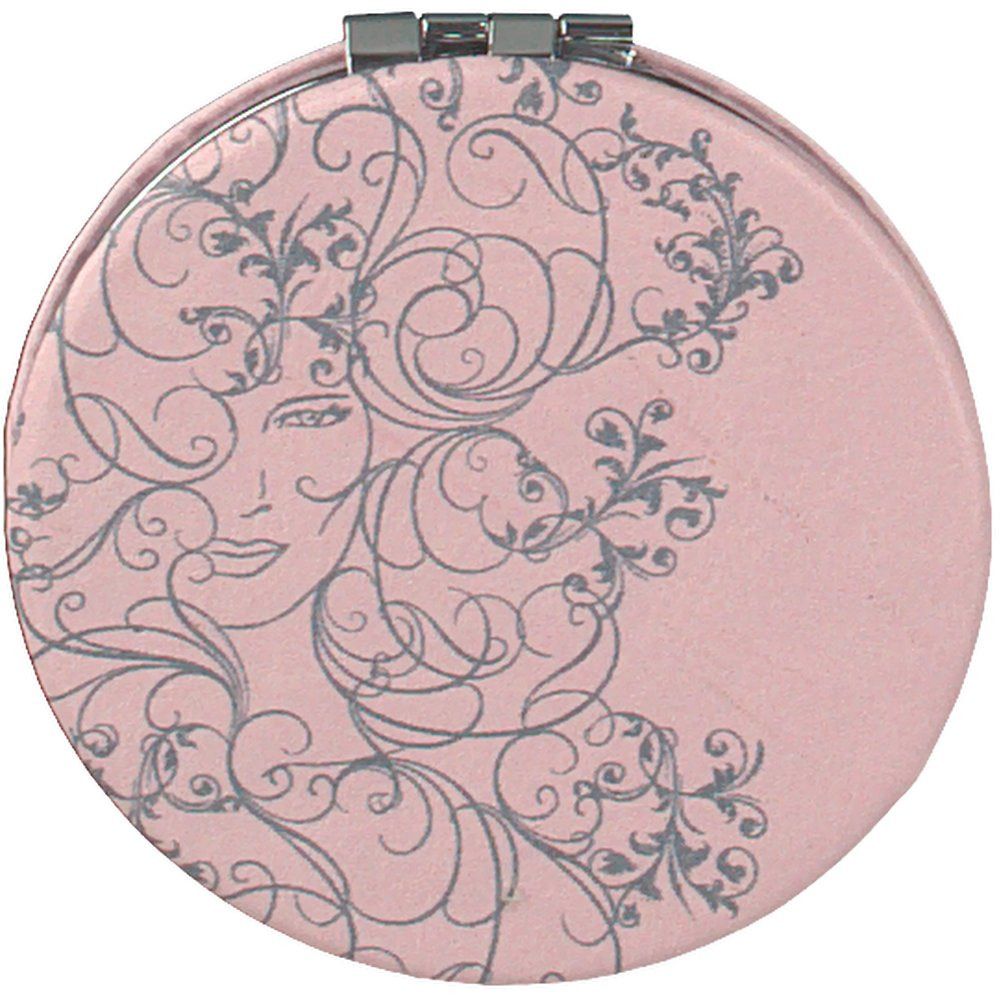 Specchietto cosmetico rotondo rosa con disegno di donna e elementi floreali grigi. Cerniera argentata.