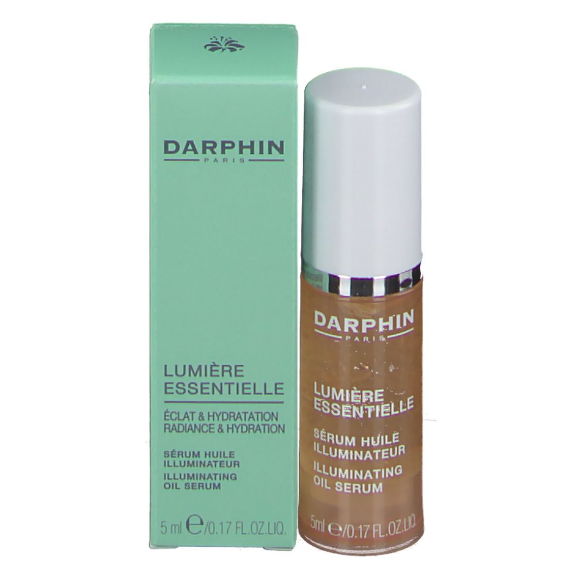 Siero olio illuminante Darphin Lumière Essentielle e confezione. Scatola verde e flacone marrone, tappo bianco.