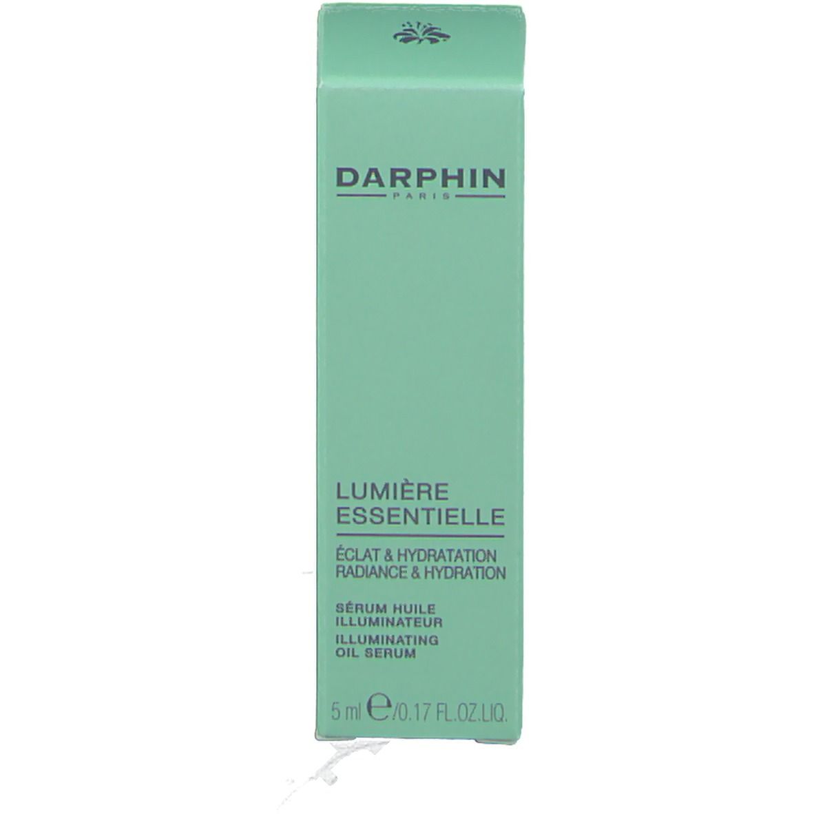 Confezione verde per Darphin Lumière Essentielle. Testo: Lumière Essentielle, Éclat & Hydratation, Illuminating Oil Serum.
