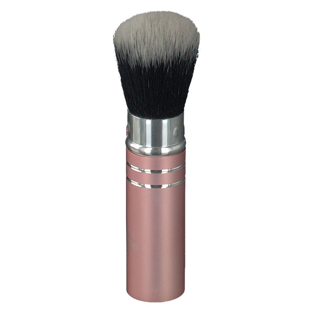 Pennello per cipria con custodia rosa e testina nera/bianca. Custodia chiusa.