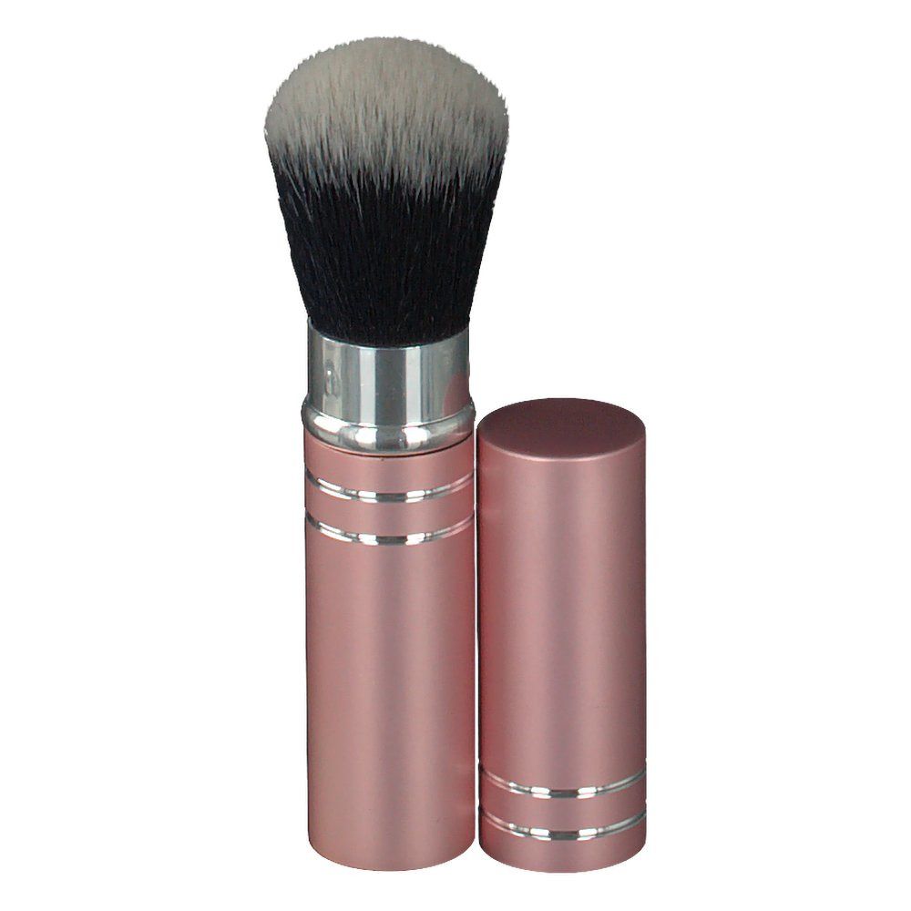 Pennello per cipria con custodia rosa e testina nera/bianca. Custodia aperta, coperchio accanto.