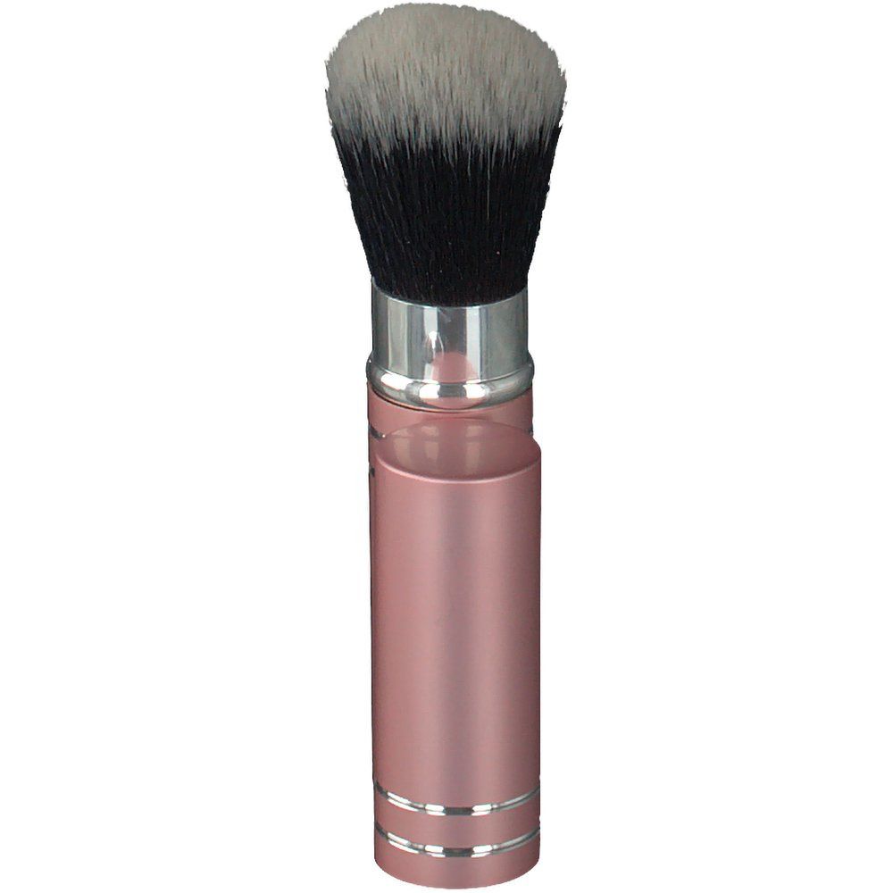 Pennello per cipria con custodia rosa e testina nera/bianca. Custodia chiusa.