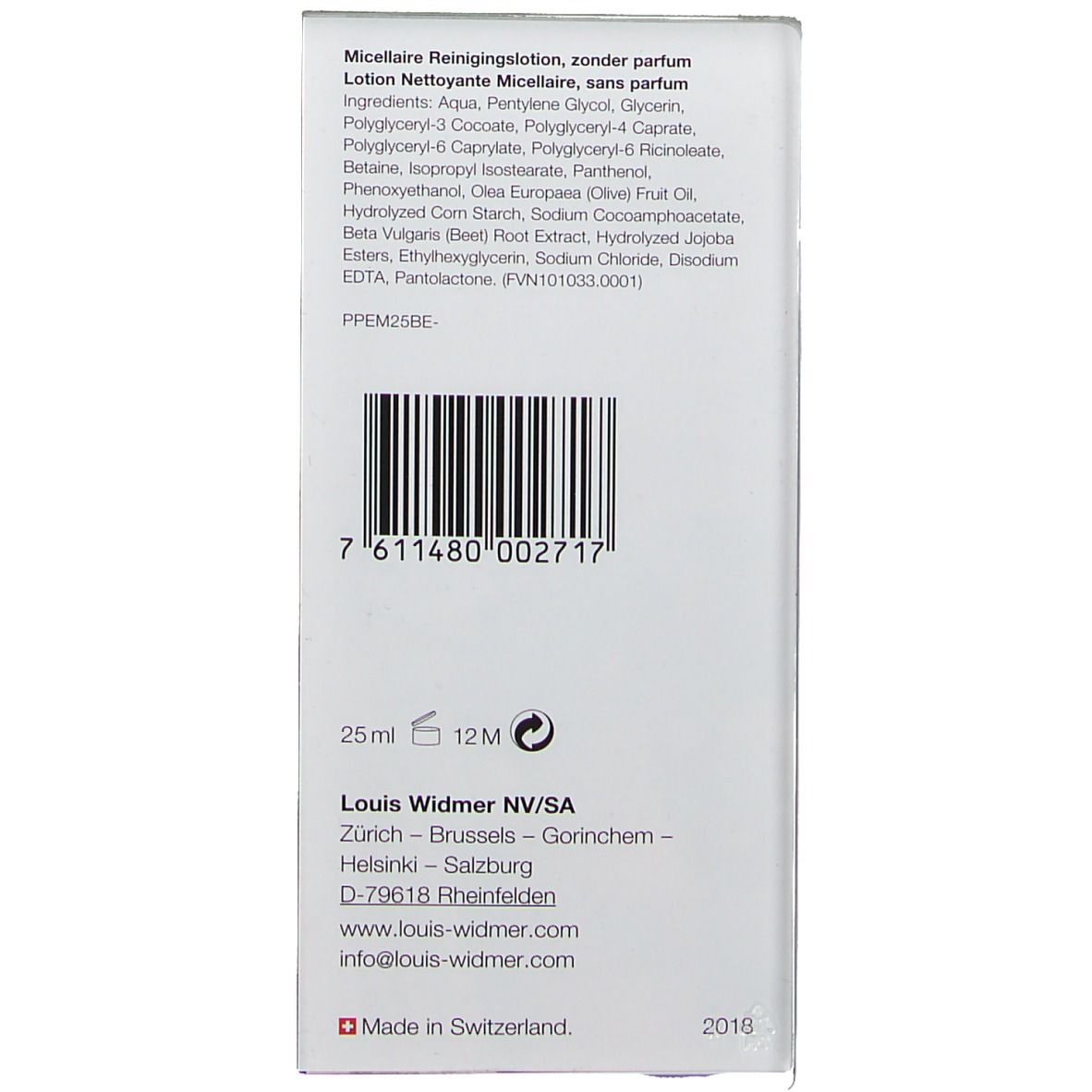 Confezione bianca con testo e codice a barre. Testo: Lozione Micellare, 25ml, 12M, Louis Widmer.