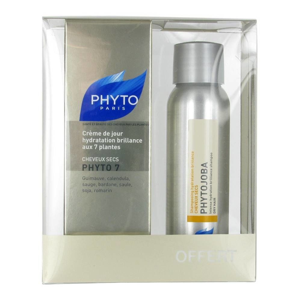 Confezione regalo con due prodotti. A sinistra: confezione crema con PHYTO. A destra: flacone shampoo con PHYTOJOBA.