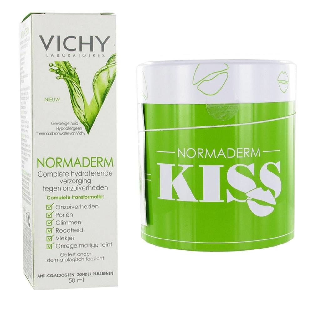 Confezione Vichy Normaderm e kit Kiss. Verde e bianco. Kit Kiss con design labbra. Prodotti affiancati.