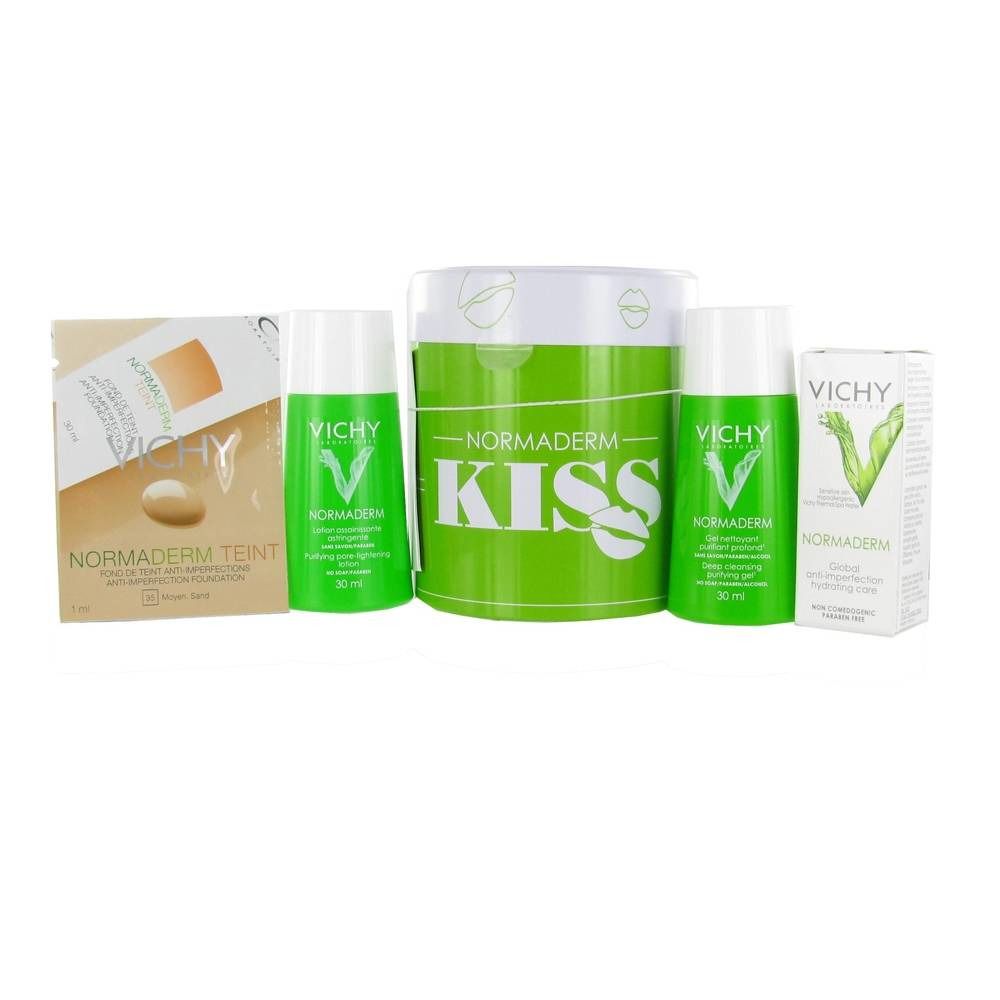 Diversi prodotti Vichy: confezione Normaderm, kit Kiss, due flaconi e un campione. Verde e bianco.