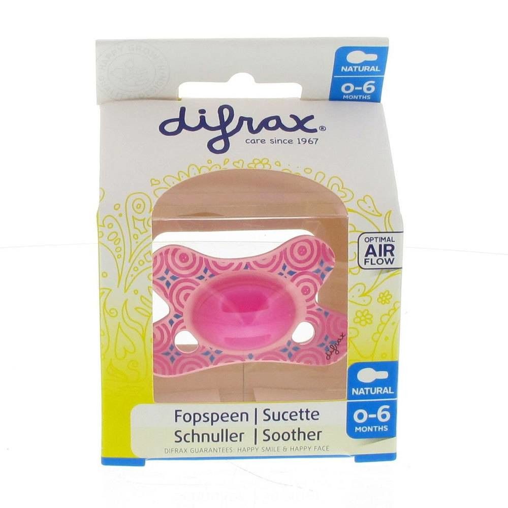 Confezione con succhietto rosa. Marchio Difrax, testo: 0-6 mesi, flusso d'aria ottimale.