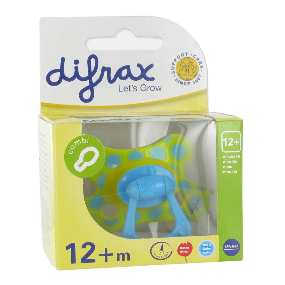 Confezione con succhietto Difrax. Succhietto giallo e blu con motivo esagonale. Età consigliata: 12+ mesi.