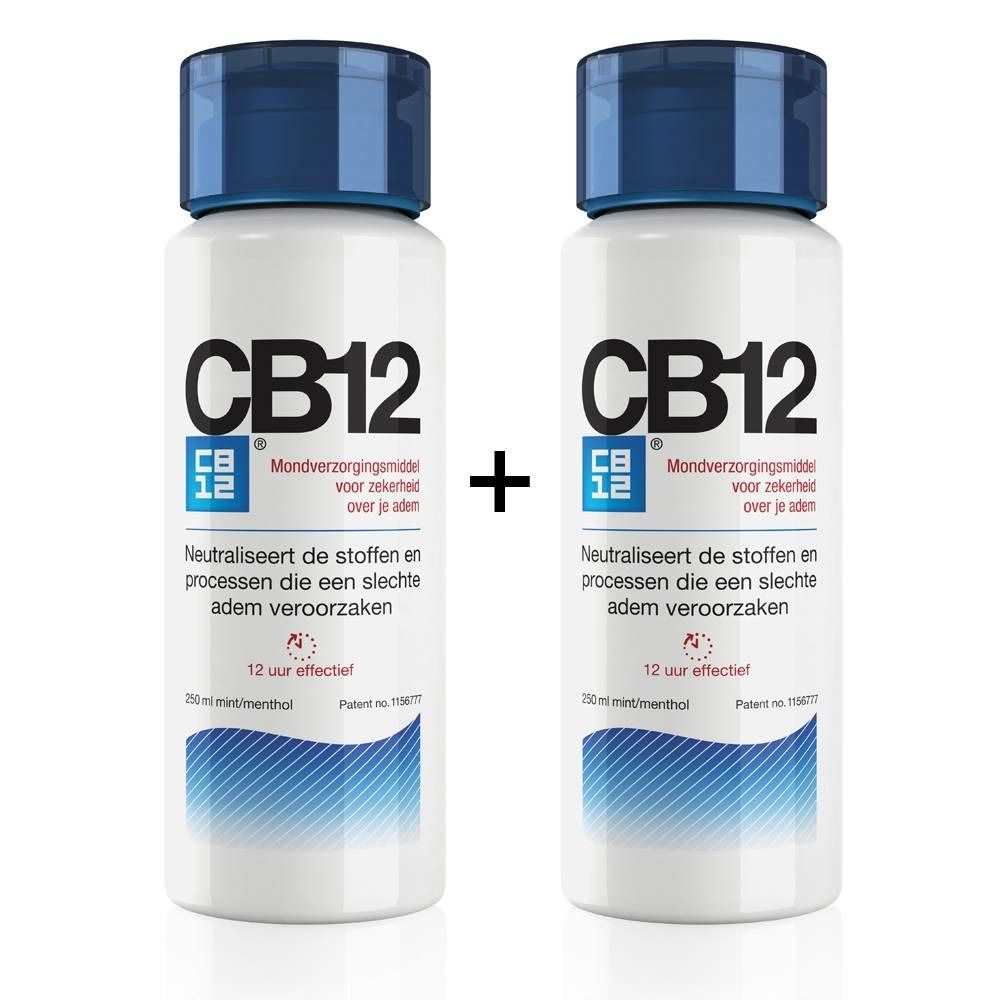 Due flaconi di collutorio CB12 con tappi blu. Testo: Neutralizza le sostanze che causano l'alito cattivo.