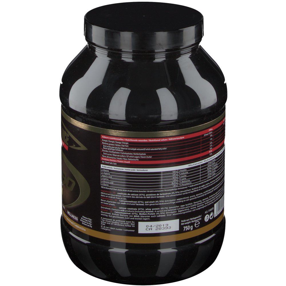 Retro di un barattolo nero. Etichetta con informazioni nutrizionali e testo multilingue. Peso: 750g.